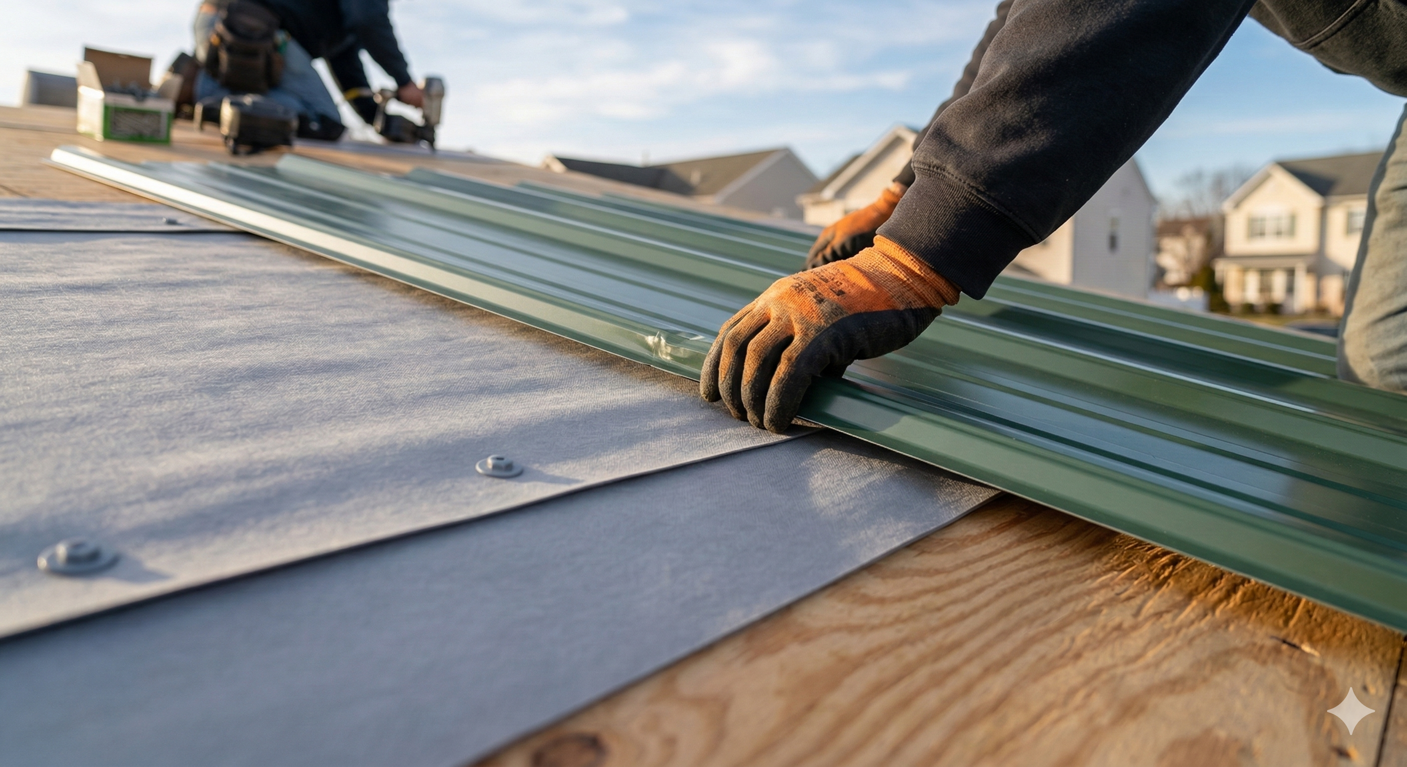 Synthetic underlayment installed on roof deck with metal roofing panels being placed on top
