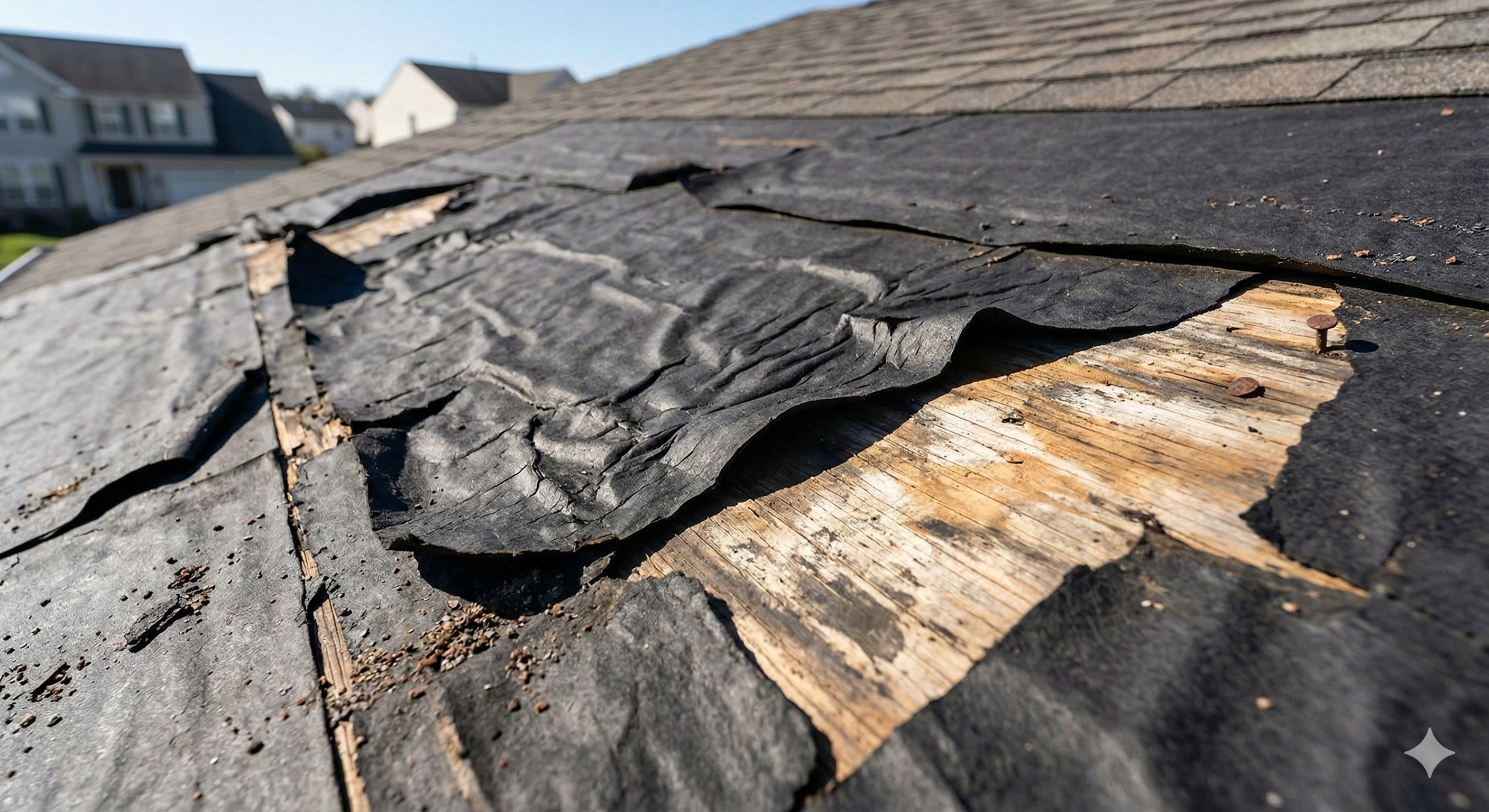 Damaged felt underlayment that has cracked and deteriorated from heat exposure under a metal roof