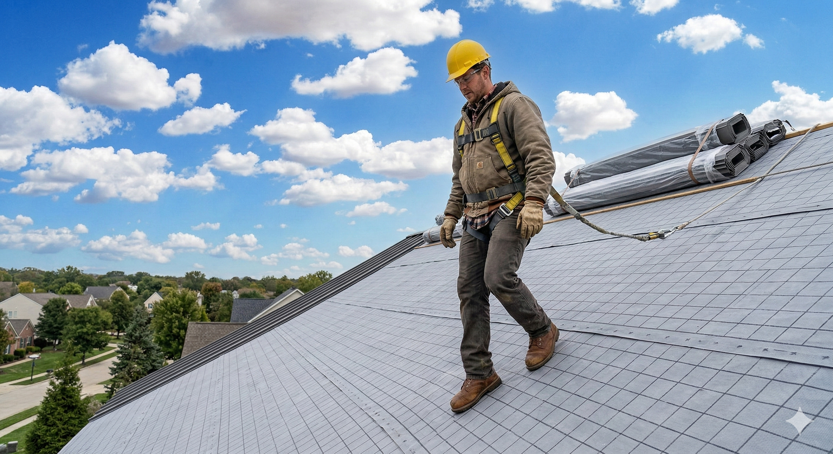 Roofer walking safely on non slip synthetic underlayment on a steep roof before metal panel installation