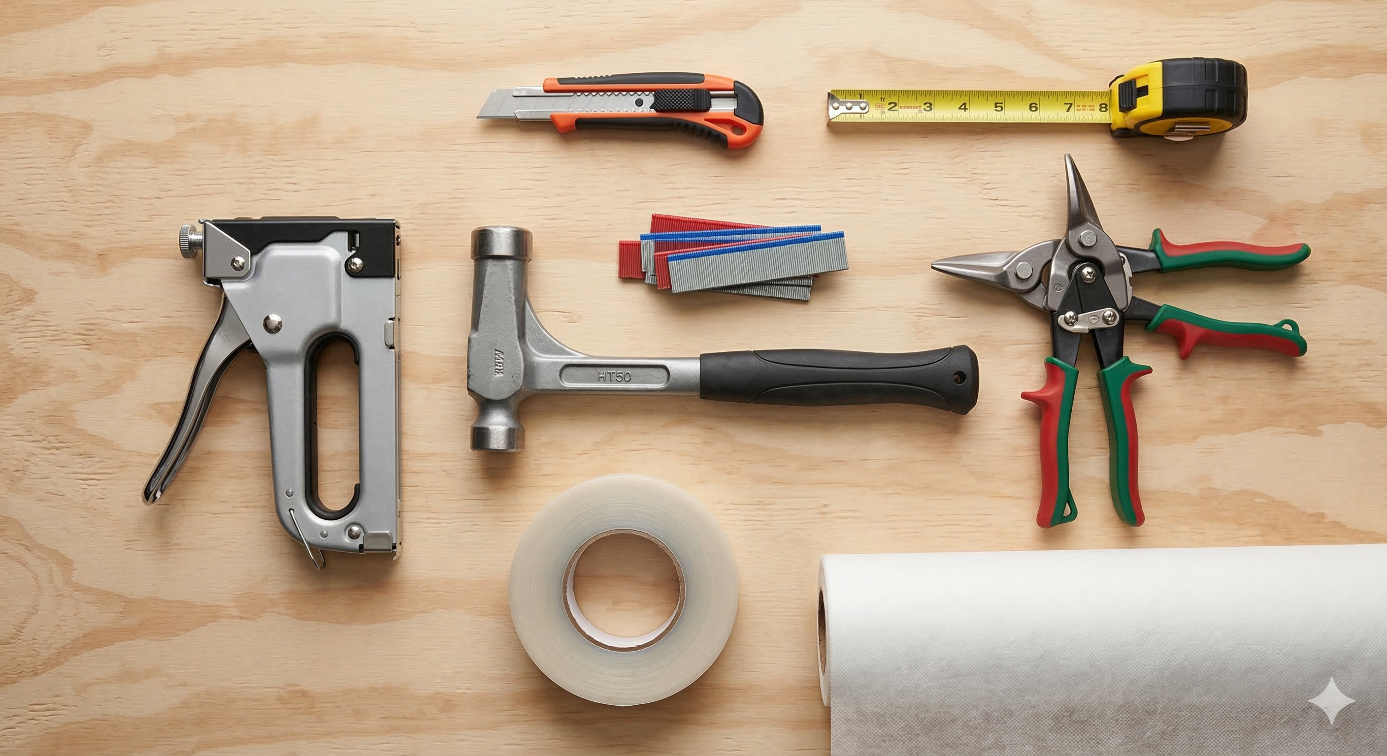 House wrap installation tools including hammer tacker tape measure seam tape and utility knife