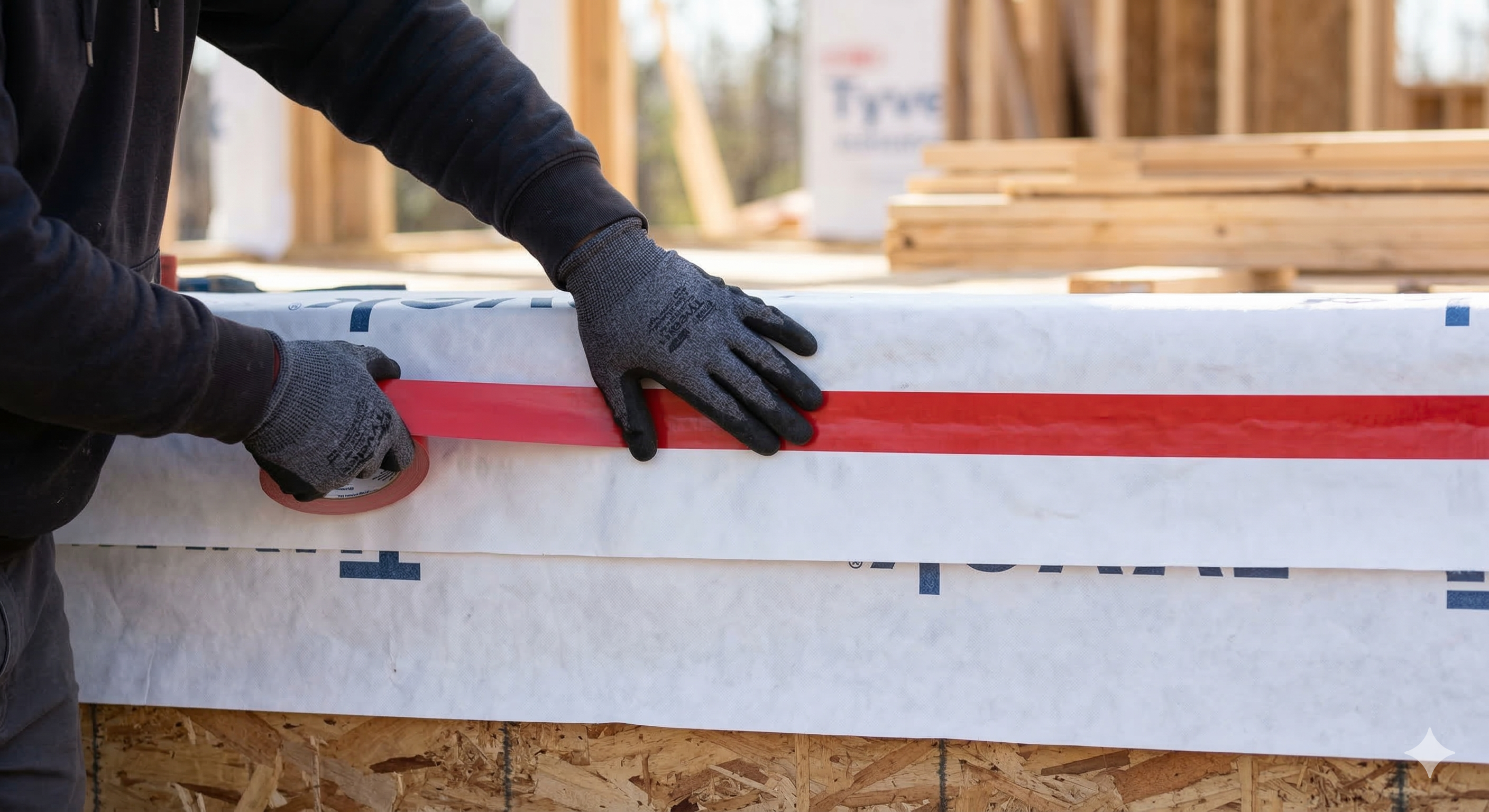 Worker applying seam tape to the overlap joint between two rows of house wrap
