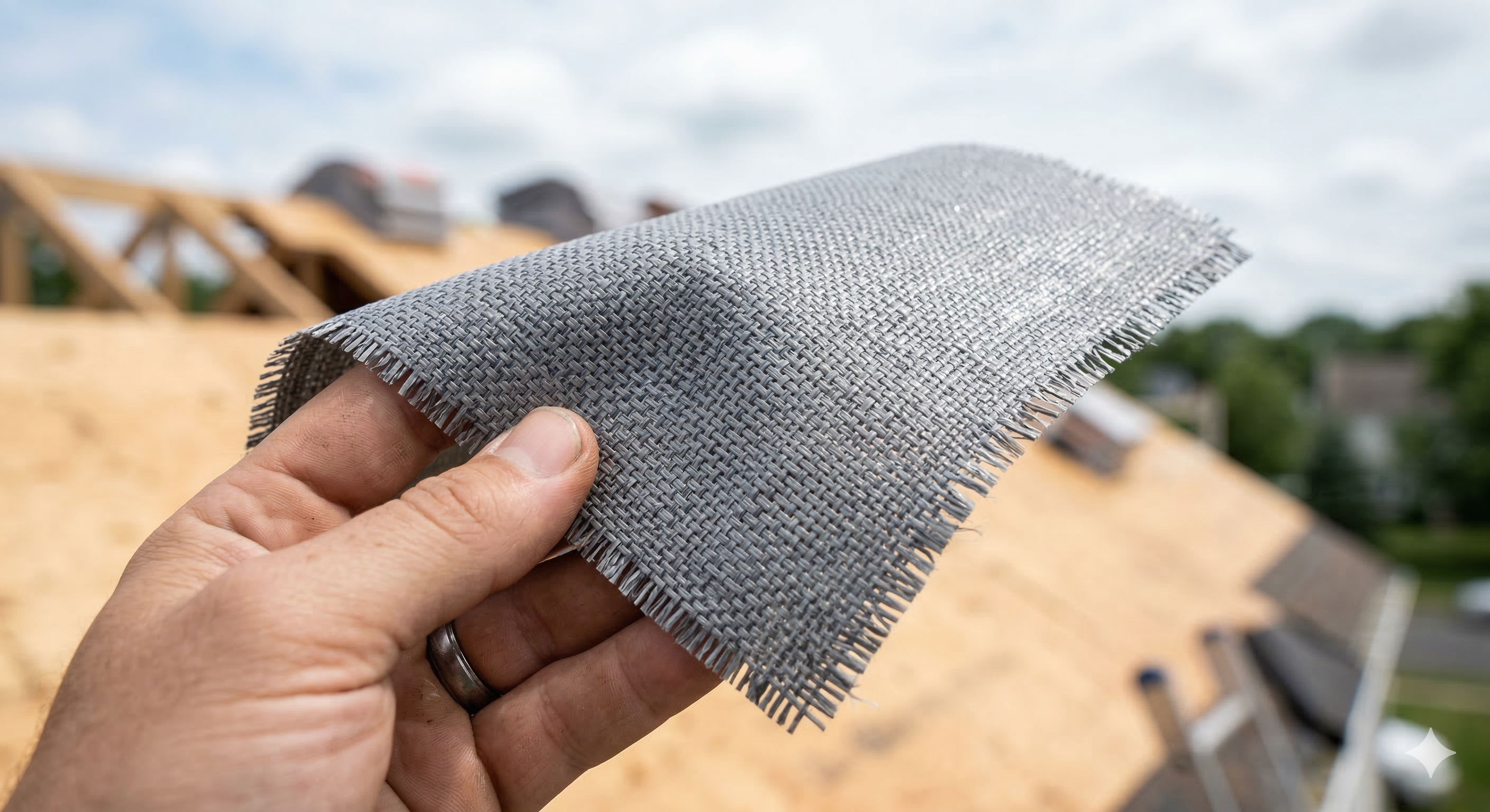 Close up of synthetic roofing underlayment showing the woven polypropylene texture and flexibility