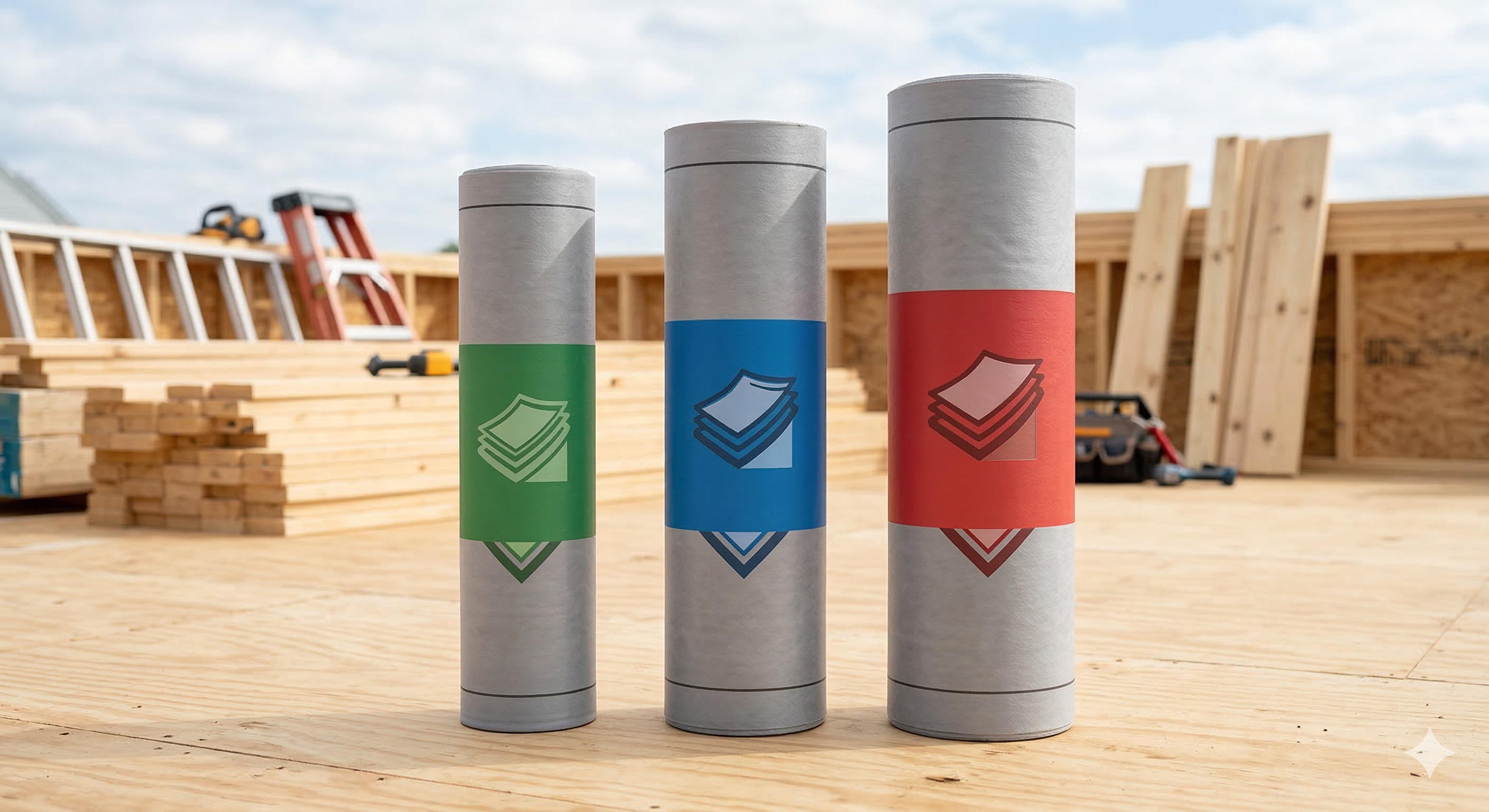 Three grades of BCP synthetic roofing underlayment products from economy to premium