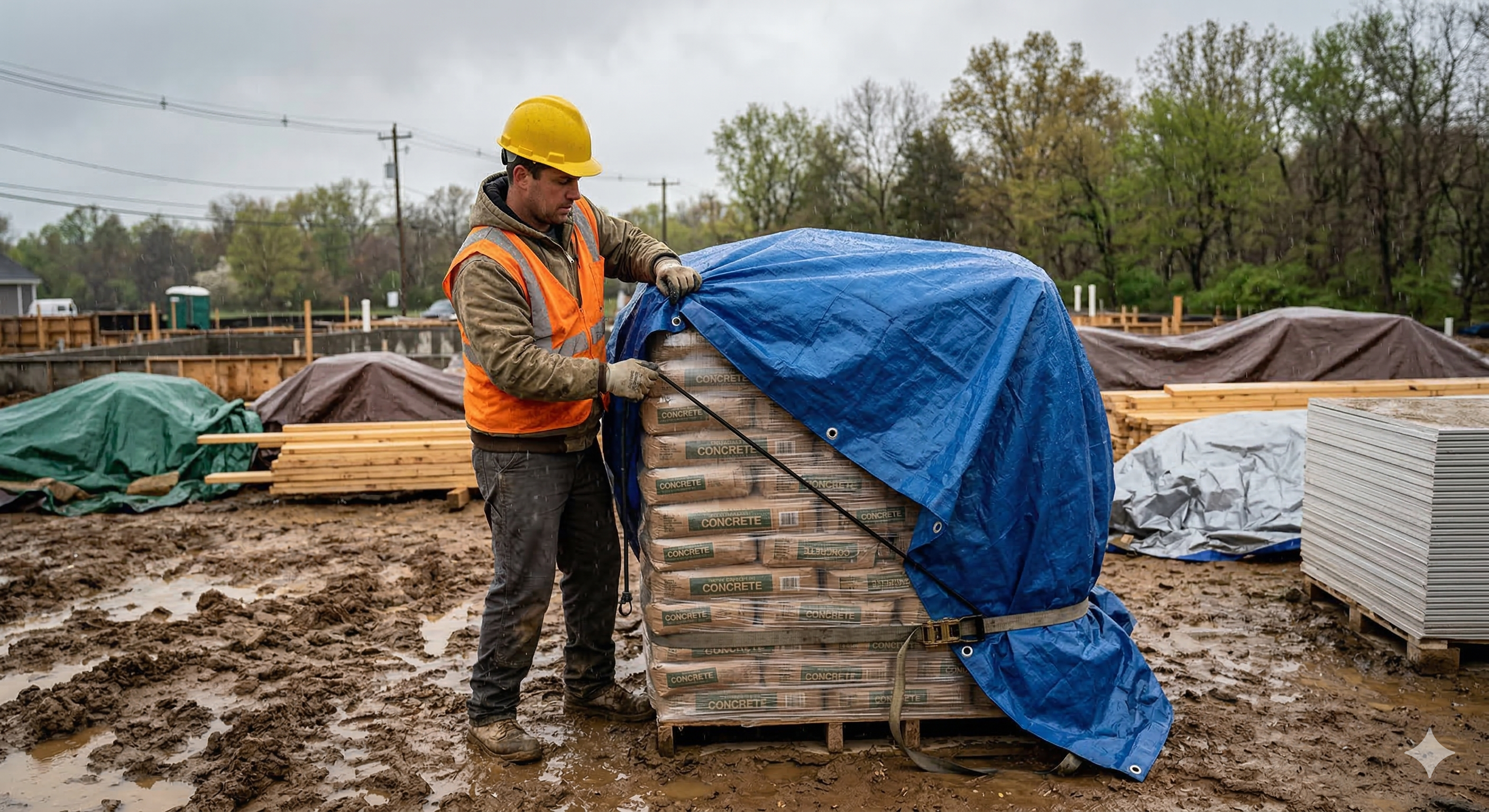 Construction worker covering building materials with a tarp on a rainy job site