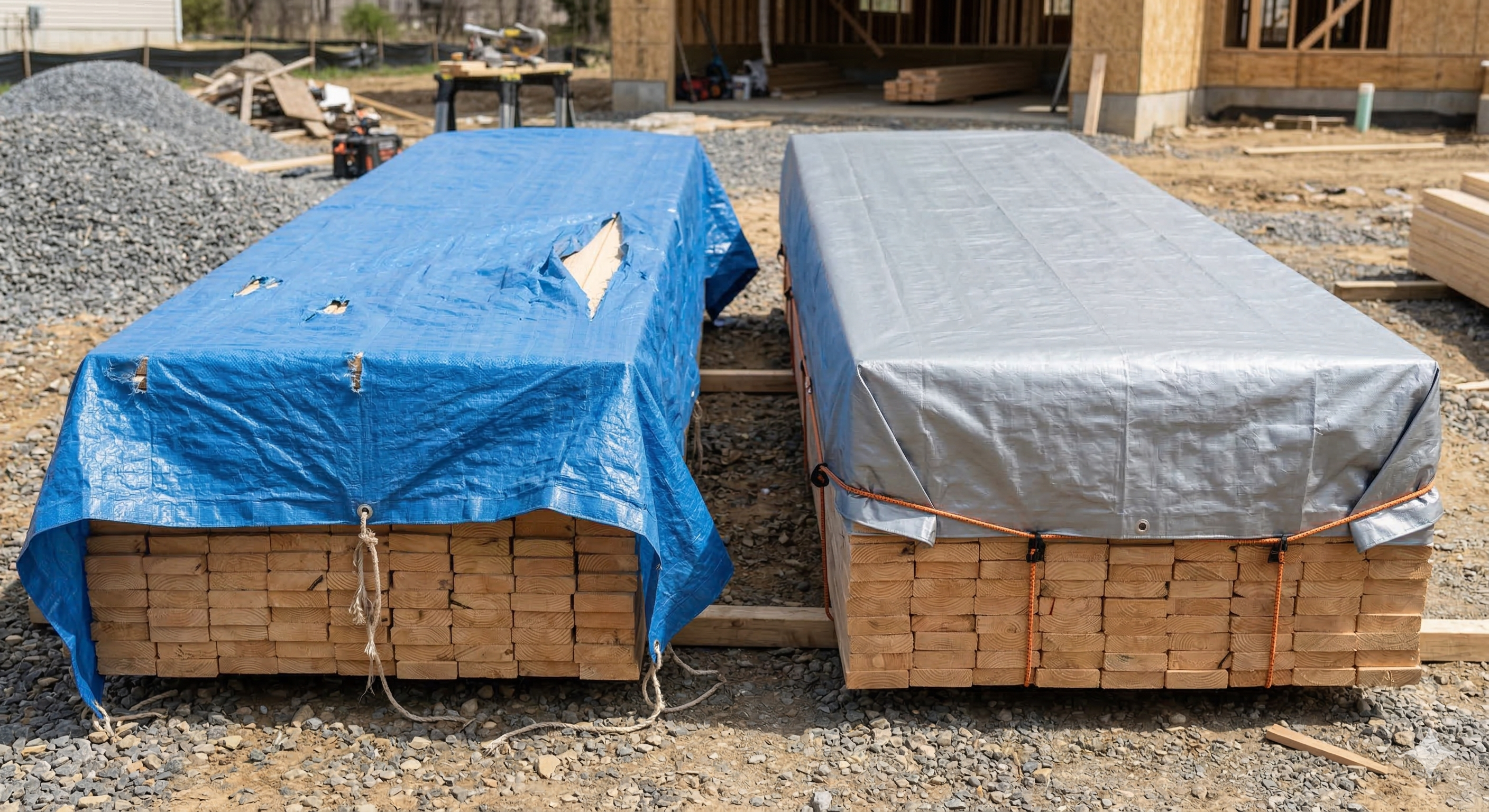 Comparison between a cheap torn poly tarp and a heavy duty tarp protecting lumber on a construction site