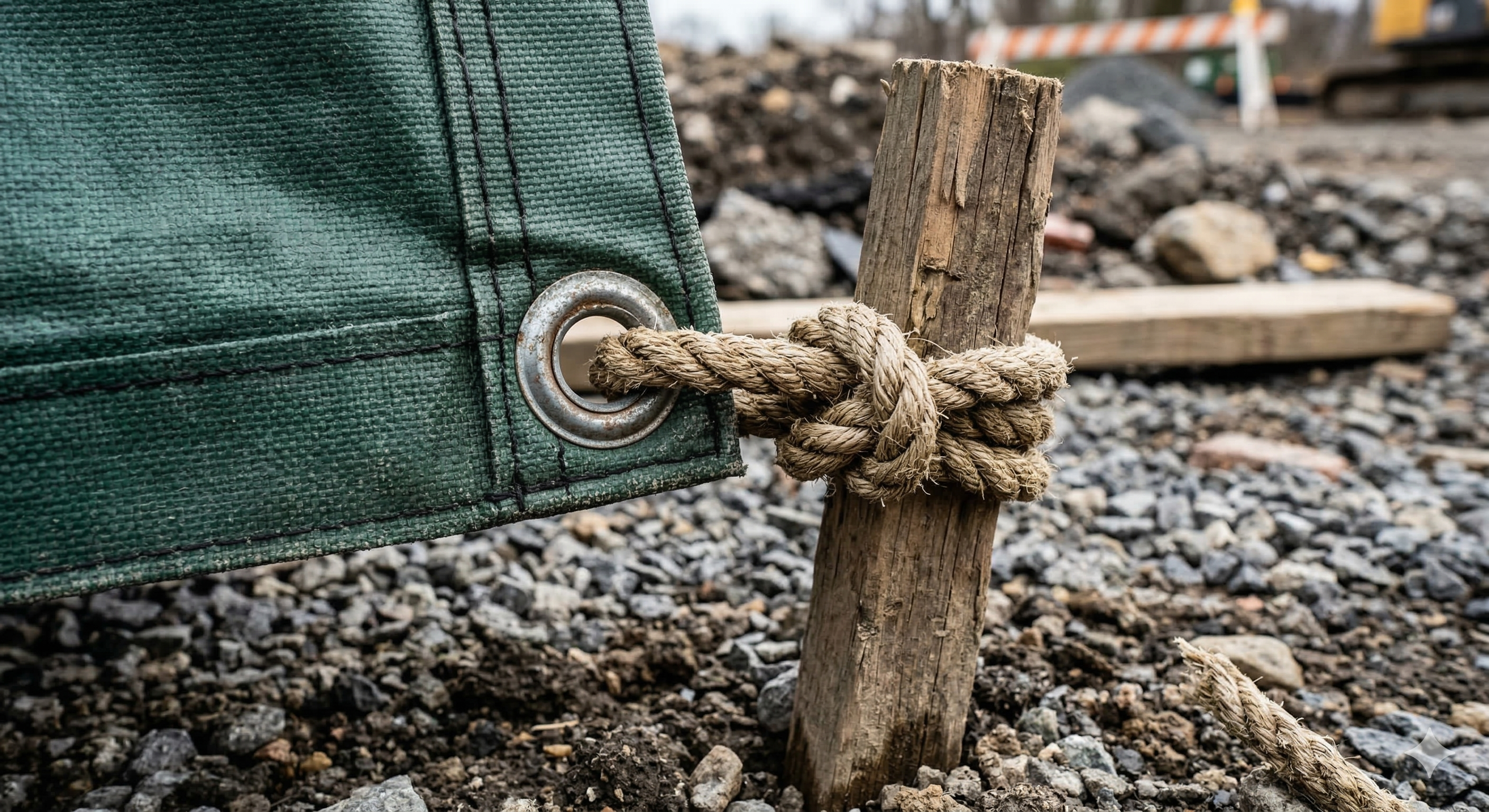 Close up of a reinforced grommet and rope tie down securing a heavy duty construction tarp