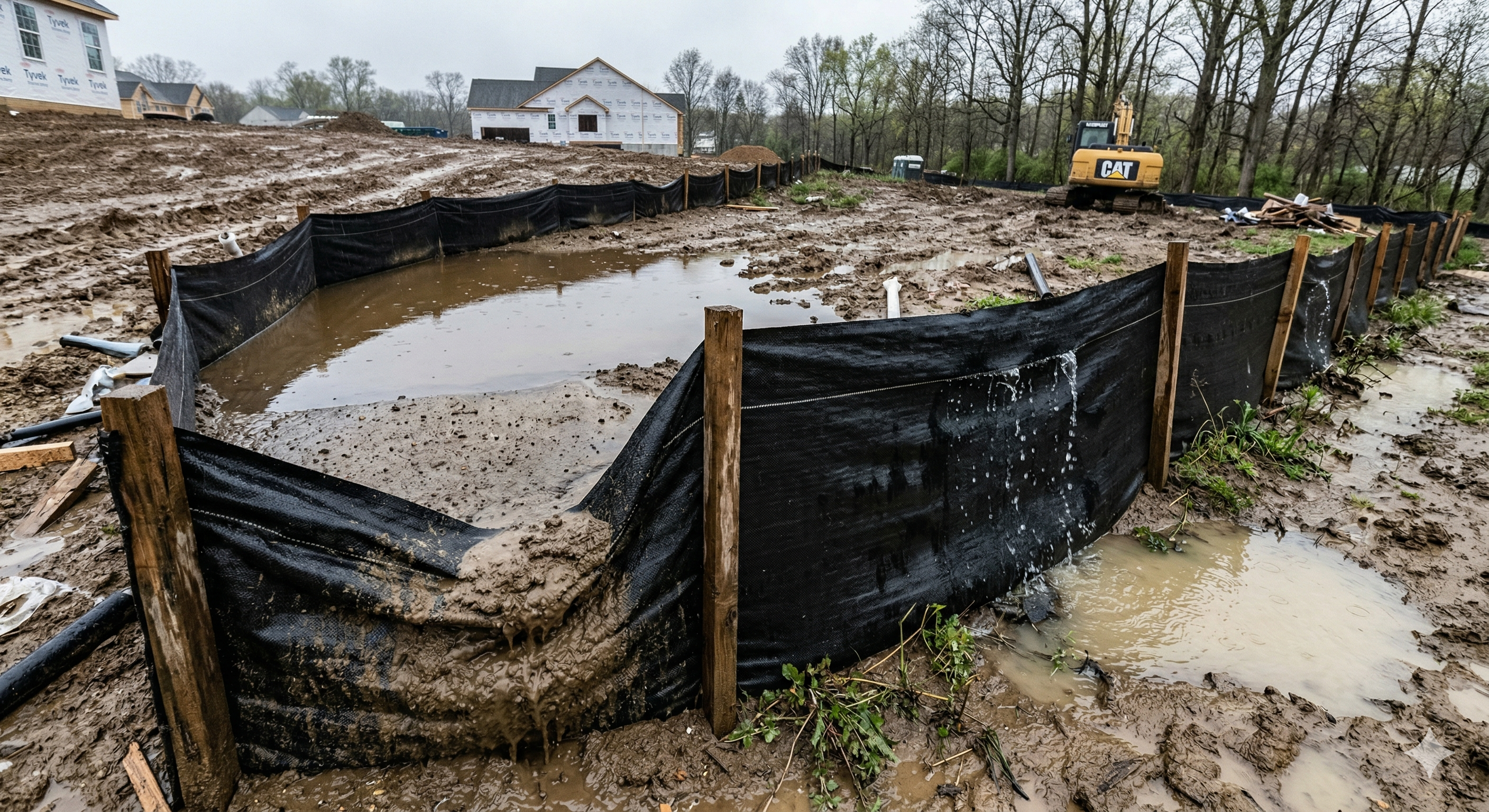 Silt fence trapping sediment after heavy rain on a construction site with filtered water on the downhill side