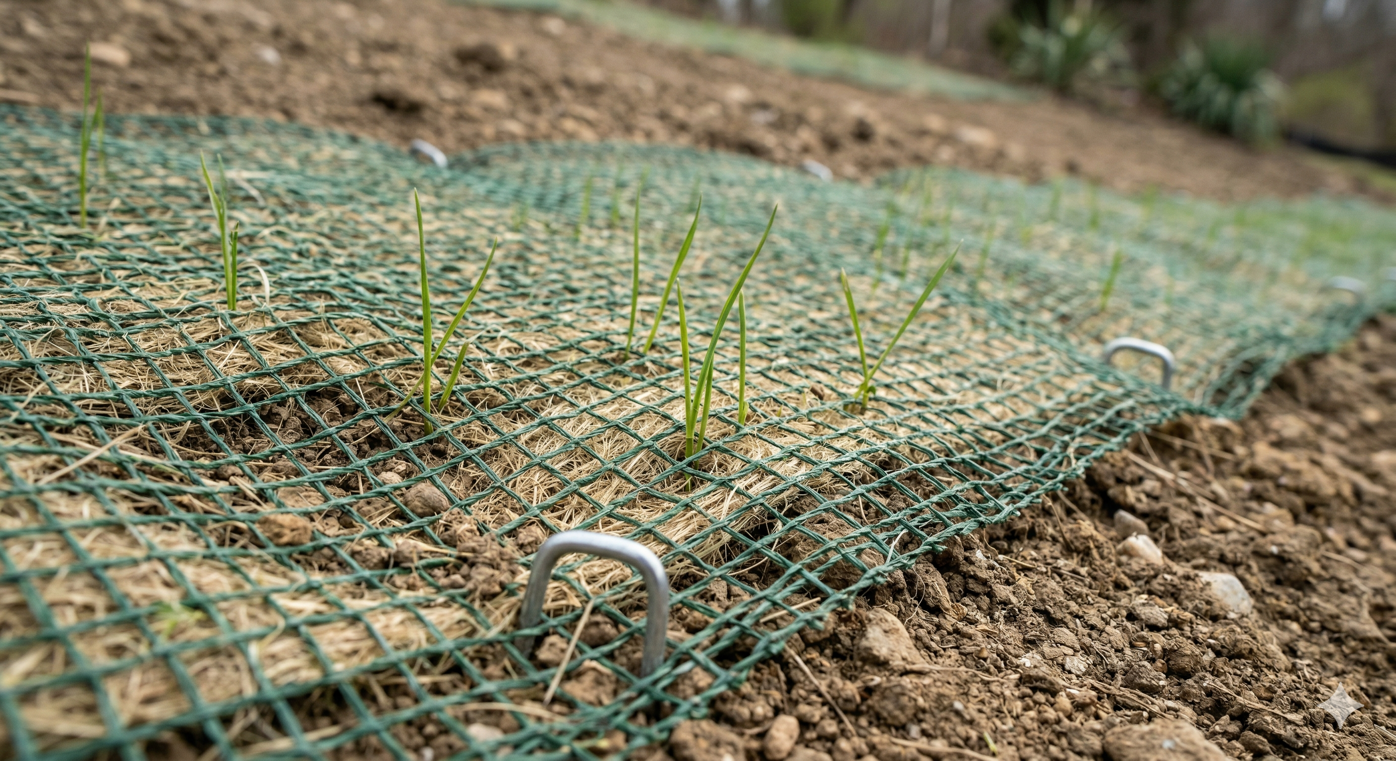 Erosion control blanket staked on a slope with new grass growing through the mesh