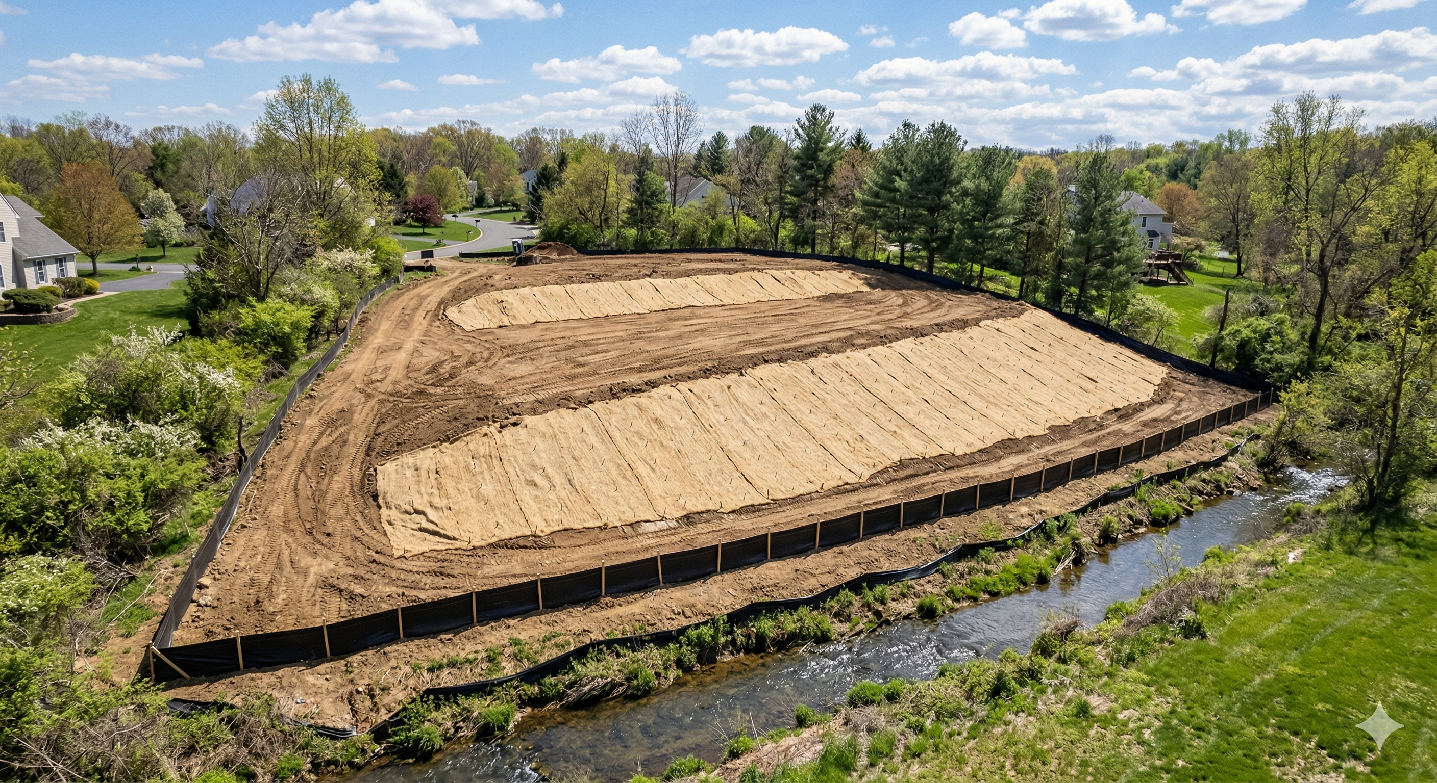 Aerial view showing erosion control blankets on slopes and silt fence at the base for full site protection