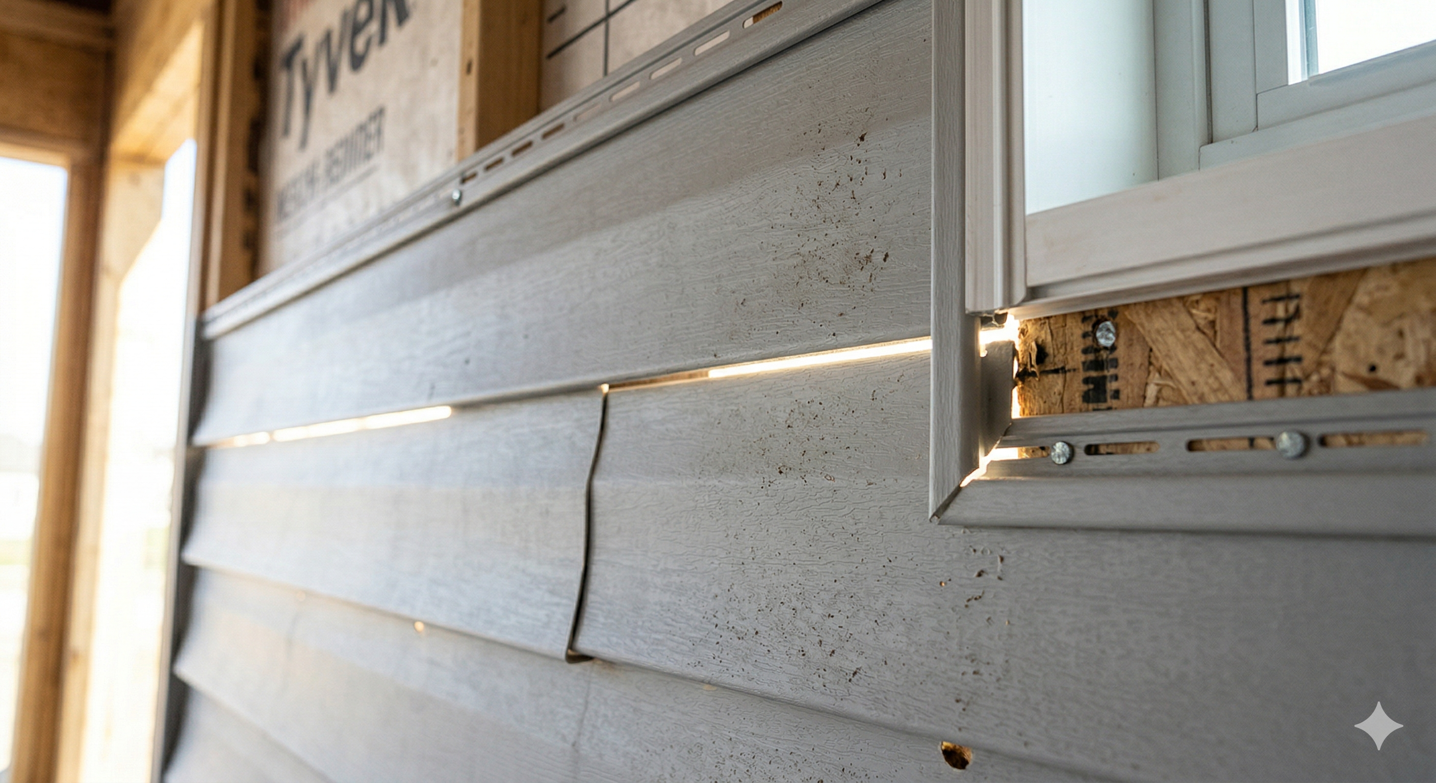 Back side of vinyl siding showing gaps between panels where moisture can penetrate without house wrap