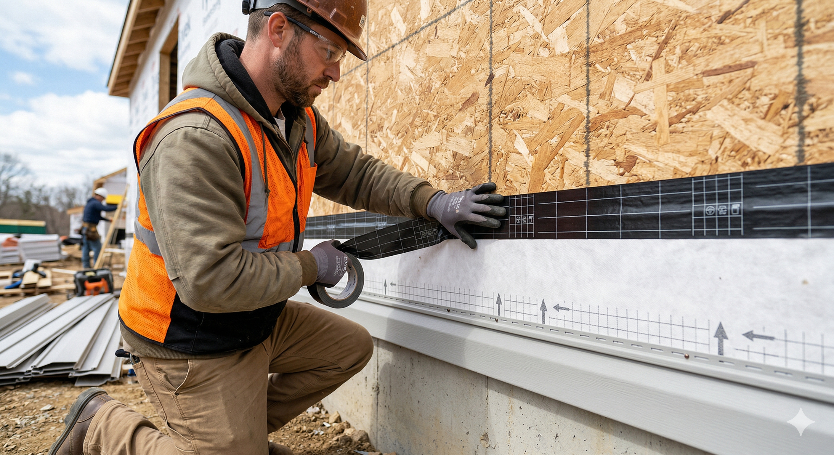 Worker taping house wrap seams before vinyl siding installation begins