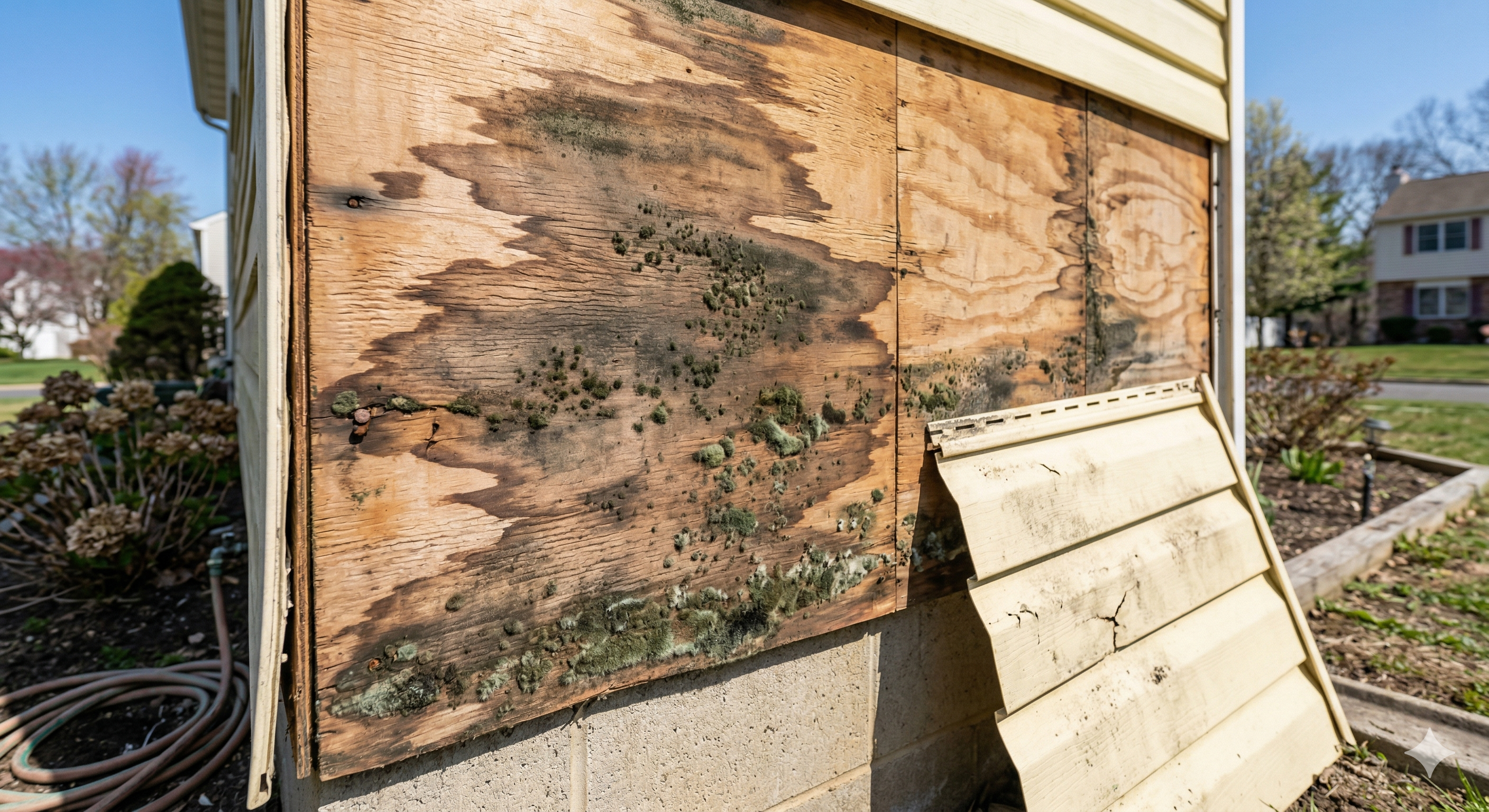 Water damage and mold growth on wall sheathing caused by missing house wrap behind vinyl siding