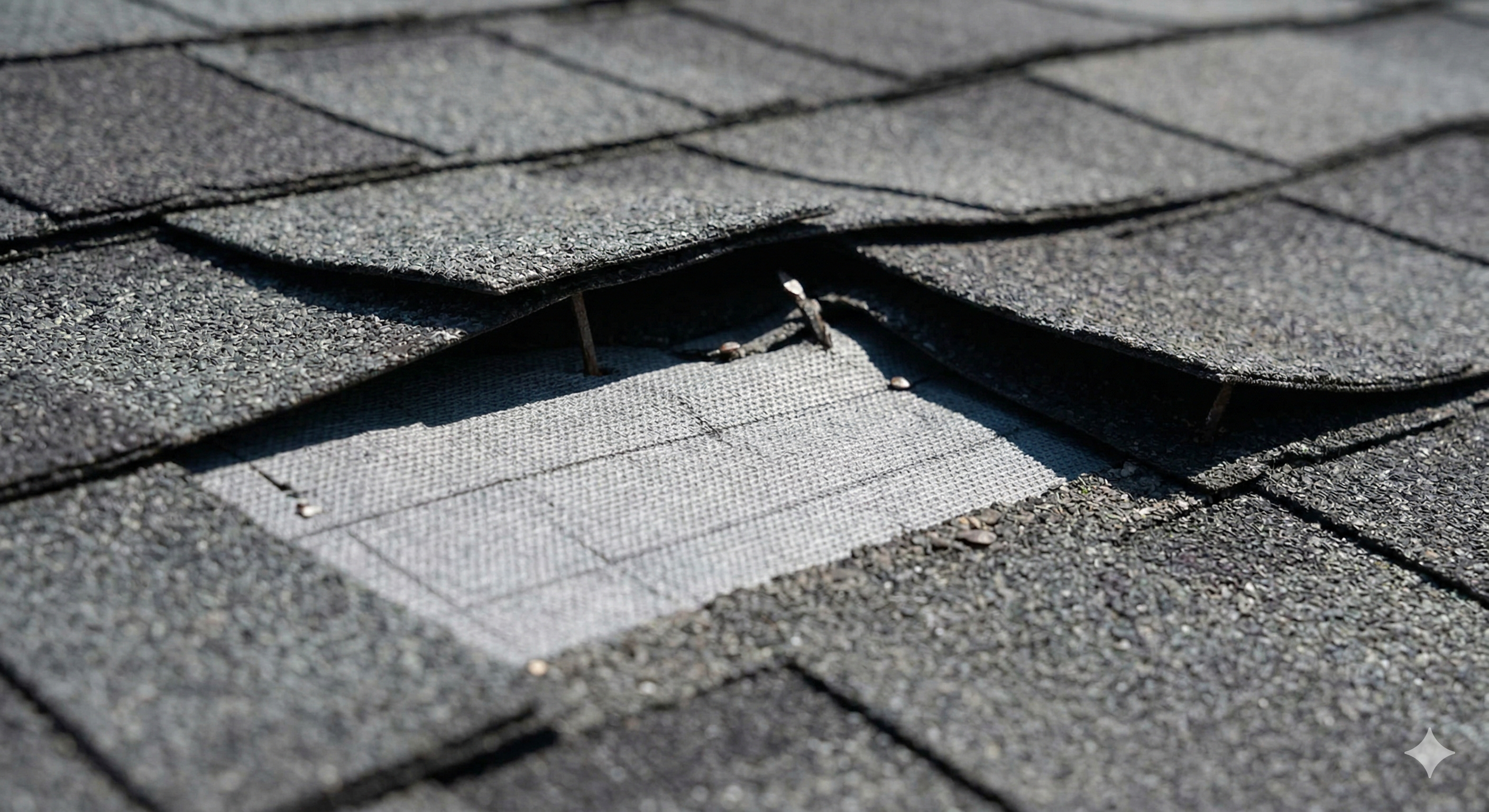 Wind lifted asphalt shingle showing synthetic underlayment beneath providing backup moisture protection Wind lifted asphalt shingle showing synthetic underlayment beneath providing backup moisture protection