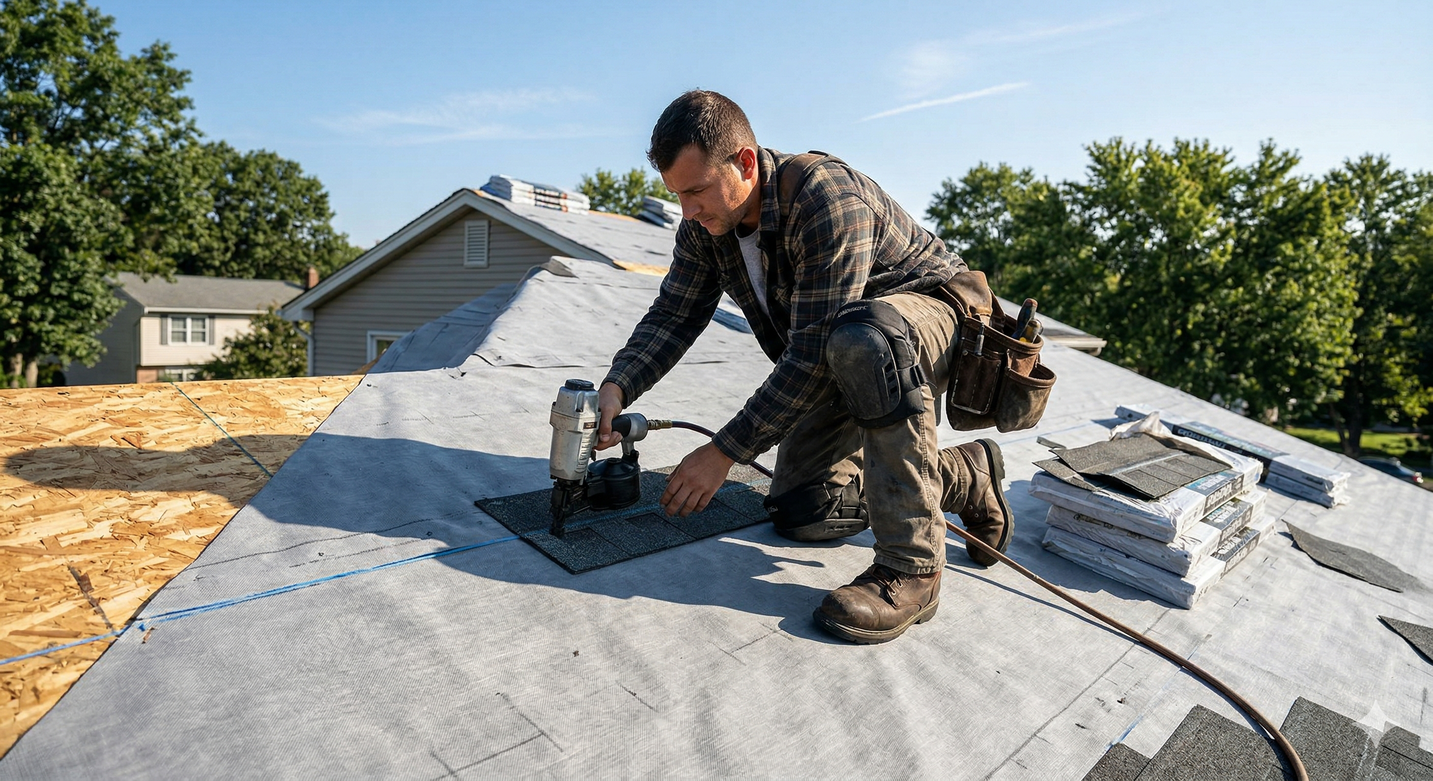 Roofer installing asphalt shingles over synthetic underlayment on a residential roof Roofer installing asphalt shingles over synthetic underlayment on a residential roof