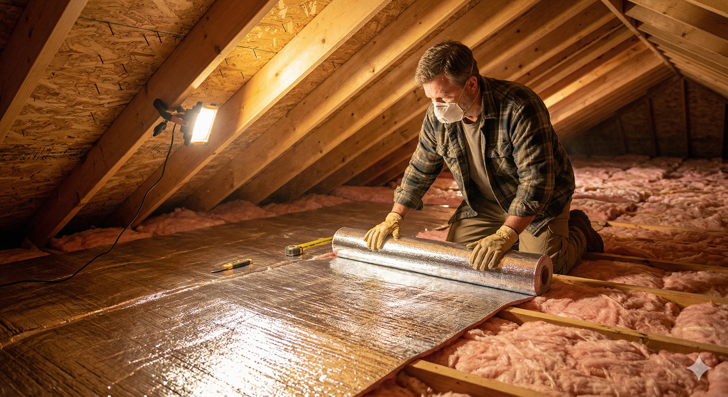 Homeowner rolling out radiant barrier over existing attic floor insulation for added energy efficiency Homeowner rolling out radiant barrier over existing attic floor insulation for added energy efficiency