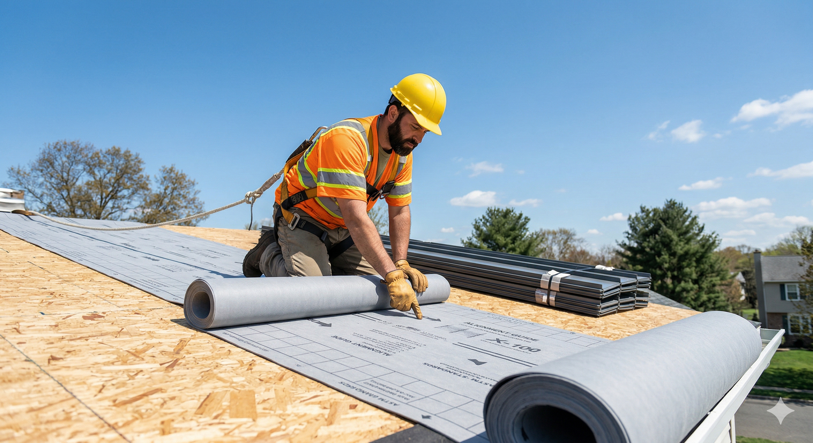 Roofer checking specifications on synthetic underlayment before metal roof panel installation Roofer checking specifications on synthetic underlayment before metal roof panel installation