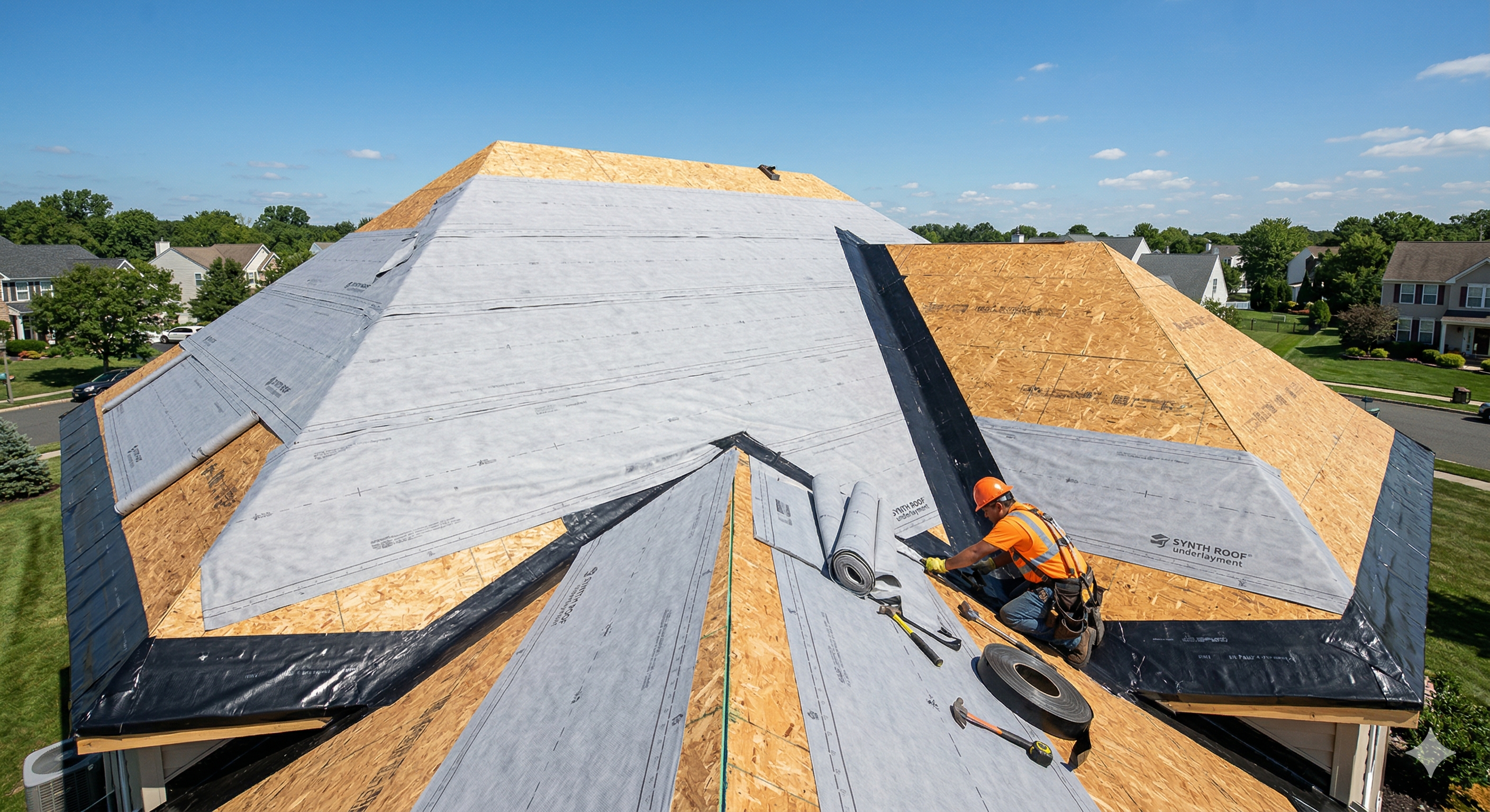 Roof deck showing peel and stick underlayment at the eaves and synthetic underlayment covering the field before metal roof installation Roof deck showing peel and stick underlayment at the eaves and synthetic underlayment covering the field before metal roof installation