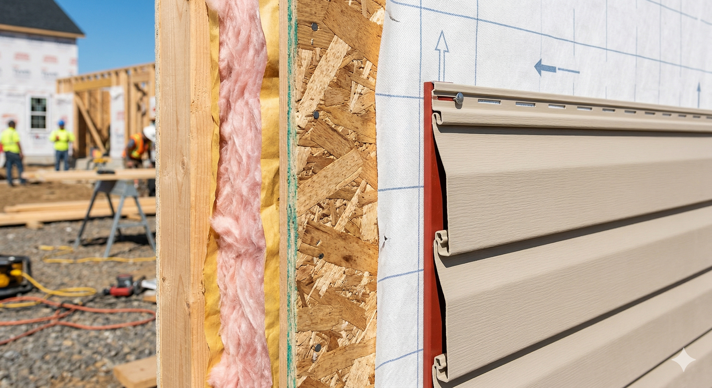 Exterior wall layers showing framing insulation sheathing weather resistant barrier and siding during construction