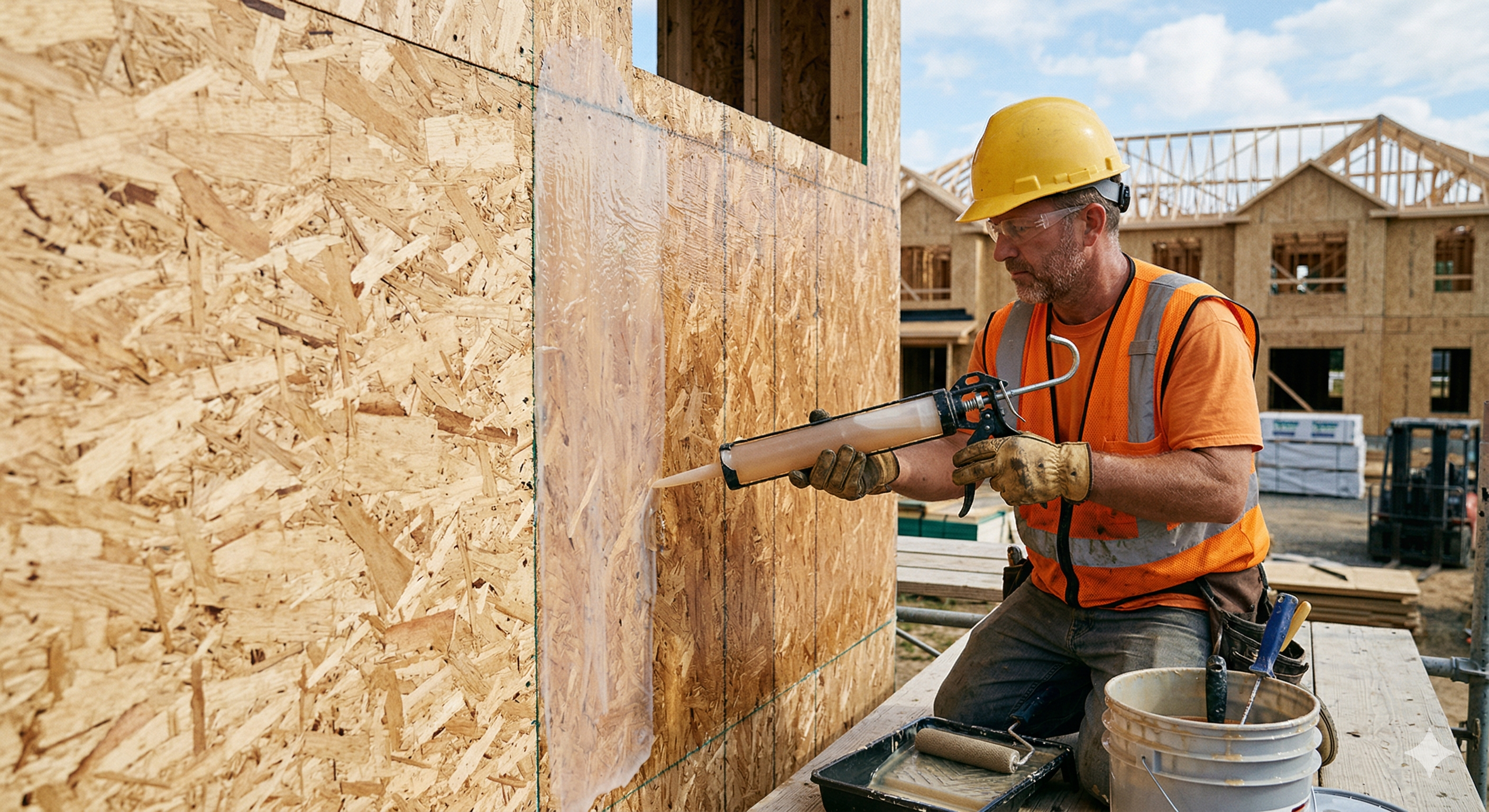 Worker applying liquid weather resistant barrier coating to plywood wall sheathing on a construction site