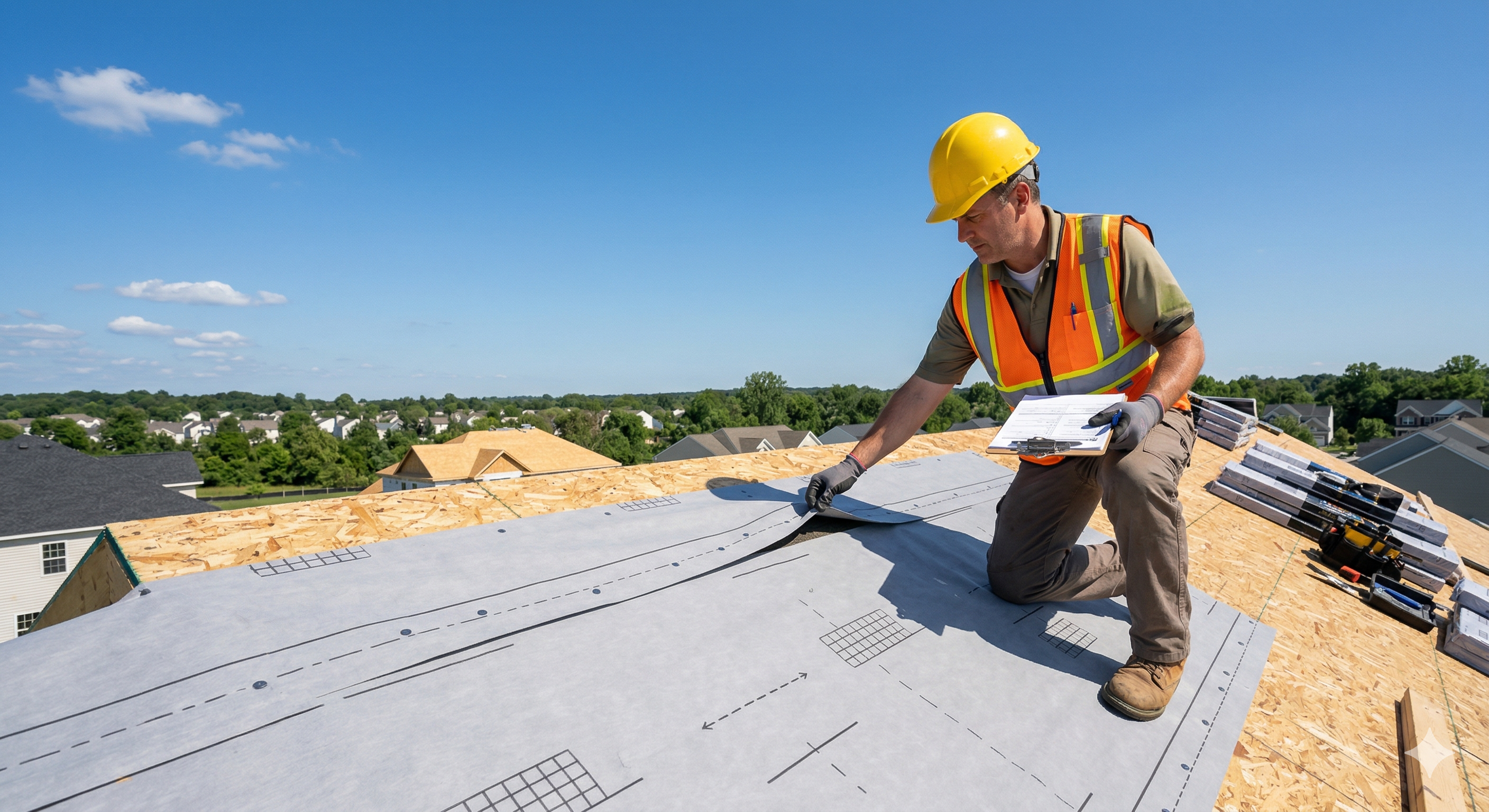Water damage and mold on roof decking caused by missing roof underlayment viewed from inside the attic Water damage and mold on roof decking caused by missing roof underlayment viewed from inside the attic