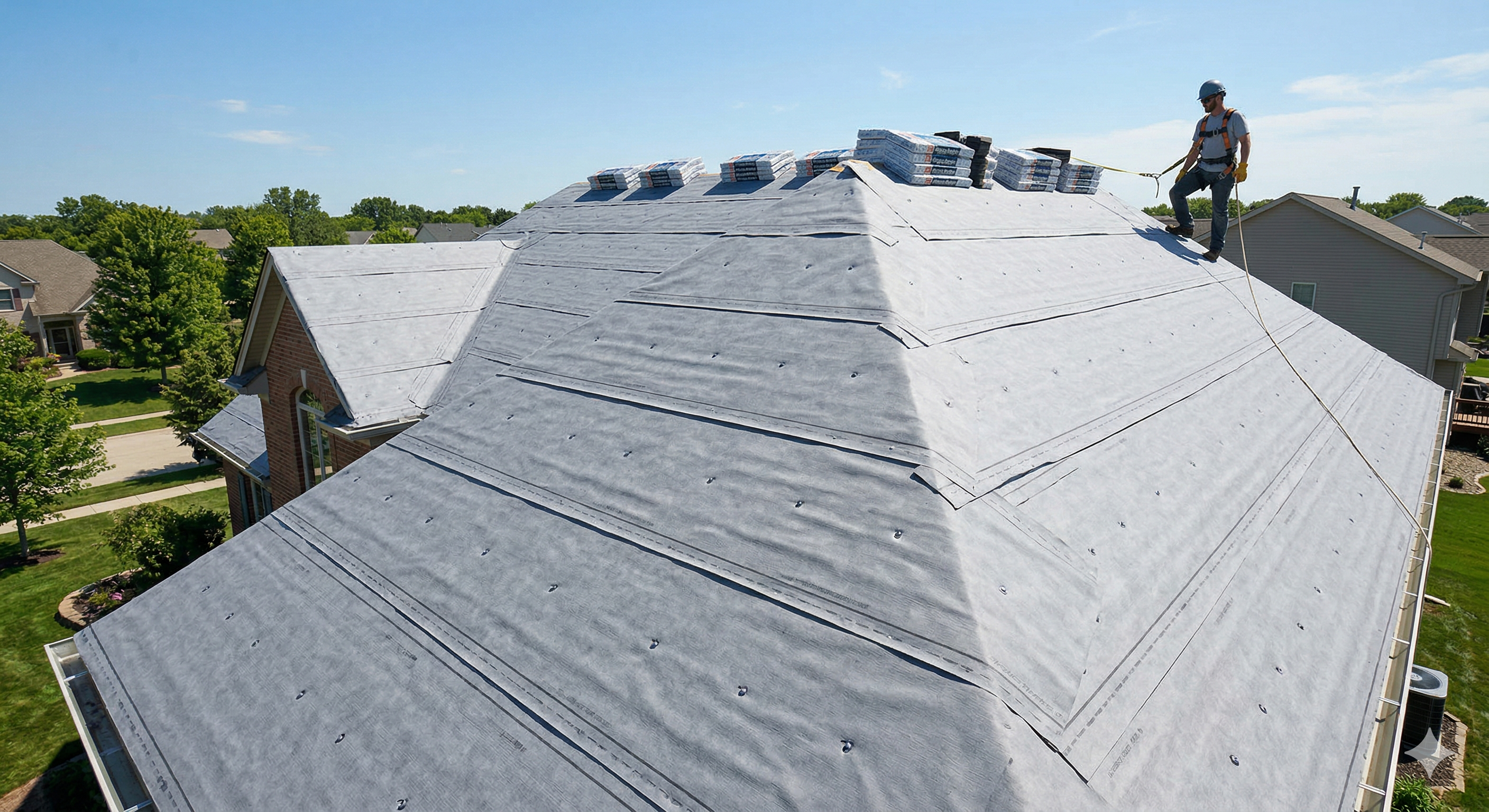 Residential roof fully covered with synthetic underlayment ready for shingle installation Residential roof fully covered with synthetic underlayment ready for shingle installation