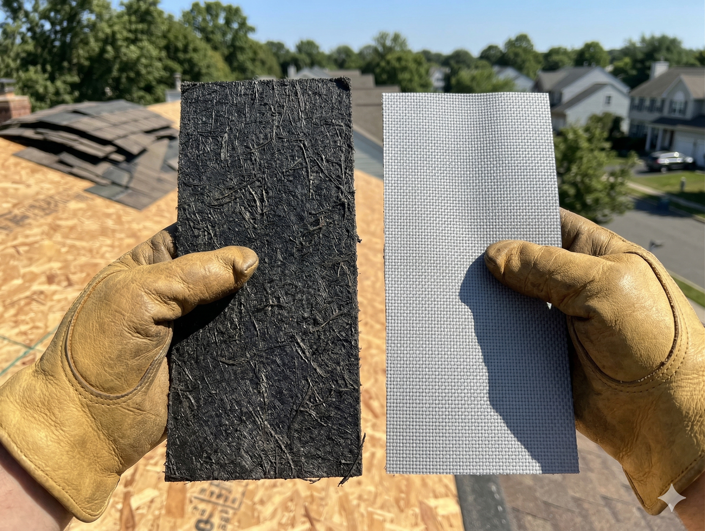 Side by side comparison of felt paper and synthetic underlayment held in a roofer's hands showing the texture difference Side by side comparison of felt paper and synthetic underlayment held in a roofer's hands showing the texture difference
