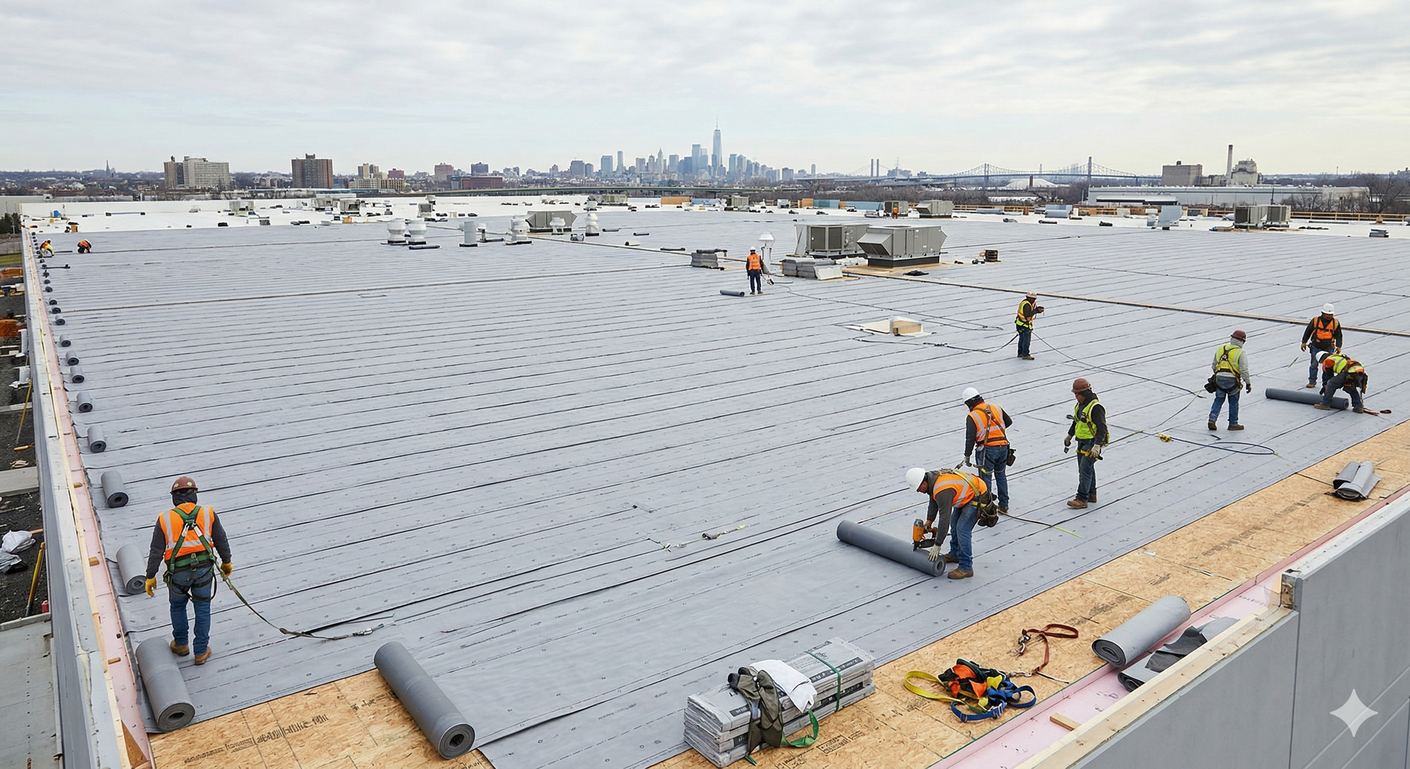 Commercial building roof being covered with synthetic underlayment by a crew of roofers Commercial building roof being covered with synthetic underlayment by a crew of roofers