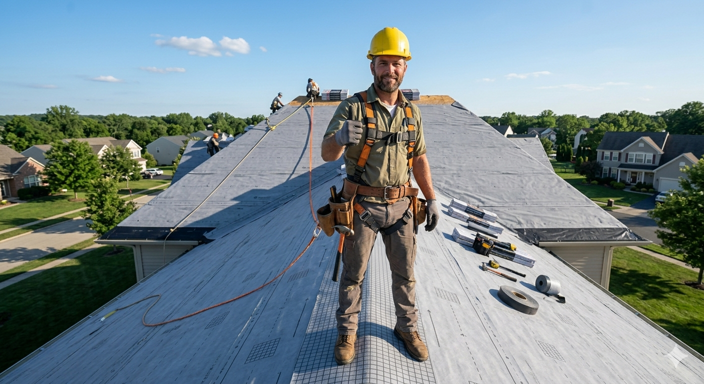 Roofer standing safely on non slip synthetic underlayment on a steep roof giving a thumbs up Roofer standing safely on non slip synthetic underlayment on a steep roof giving a thumbs up