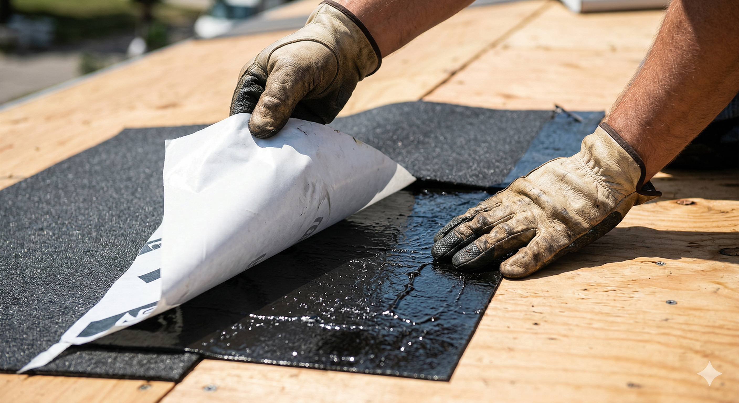 Roofer peeling release film from ice and water shield membrane showing the self adhesive backing Roofer peeling release film from ice and water shield membrane showing the self adhesive backing