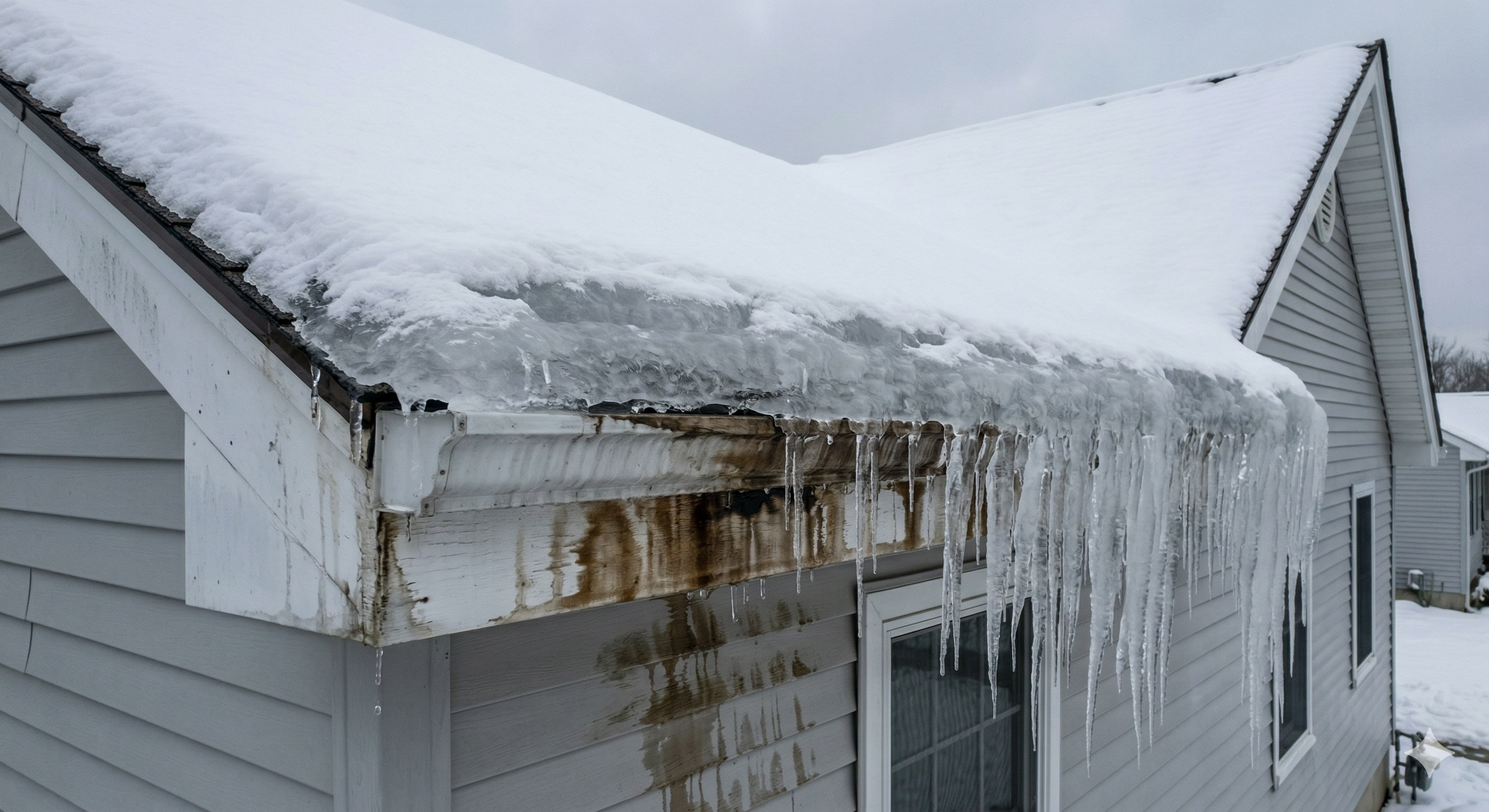 Severe ice dam formed along the gutter edge of a residential roof with water staining on the fascia Severe ice dam formed along the gutter edge of a residential roof with water staining on the fascia