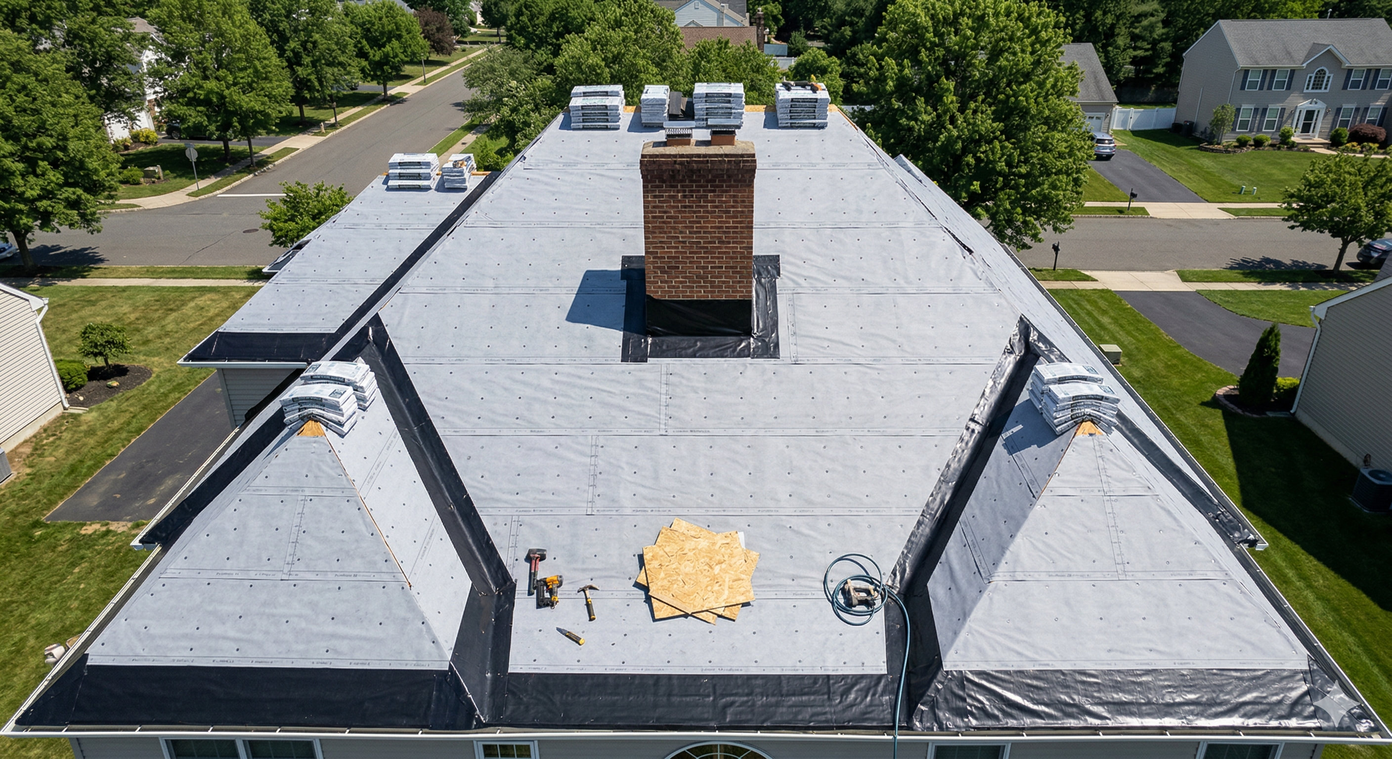 Aerial view of roof showing ice and water shield at eaves and valleys with synthetic underlayment on the field Aerial view of roof showing ice and water shield at eaves and valleys with synthetic underlayment on the field