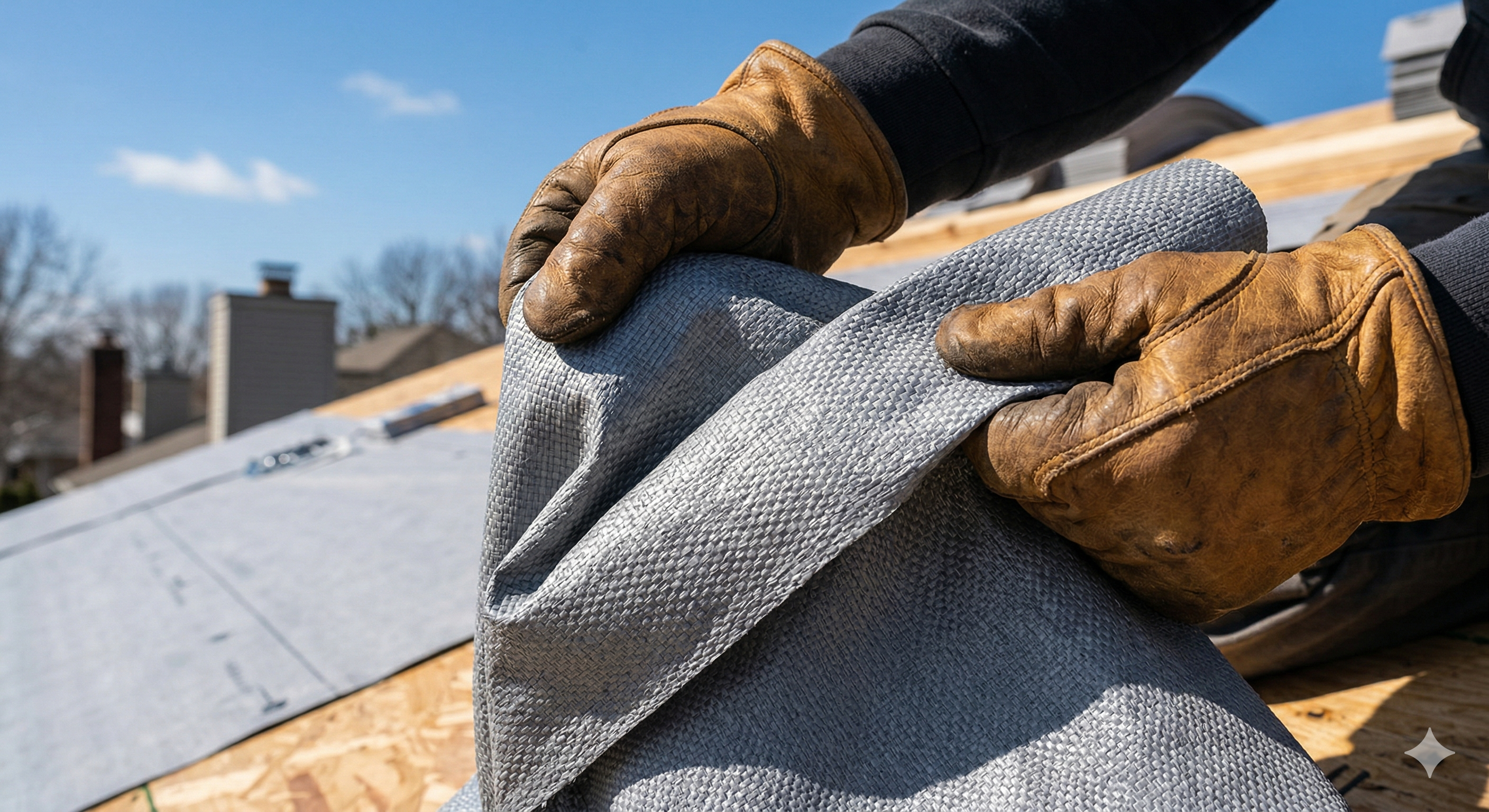 Roofer demonstrating the strength and flexibility of synthetic roofing underlayment by bending the material