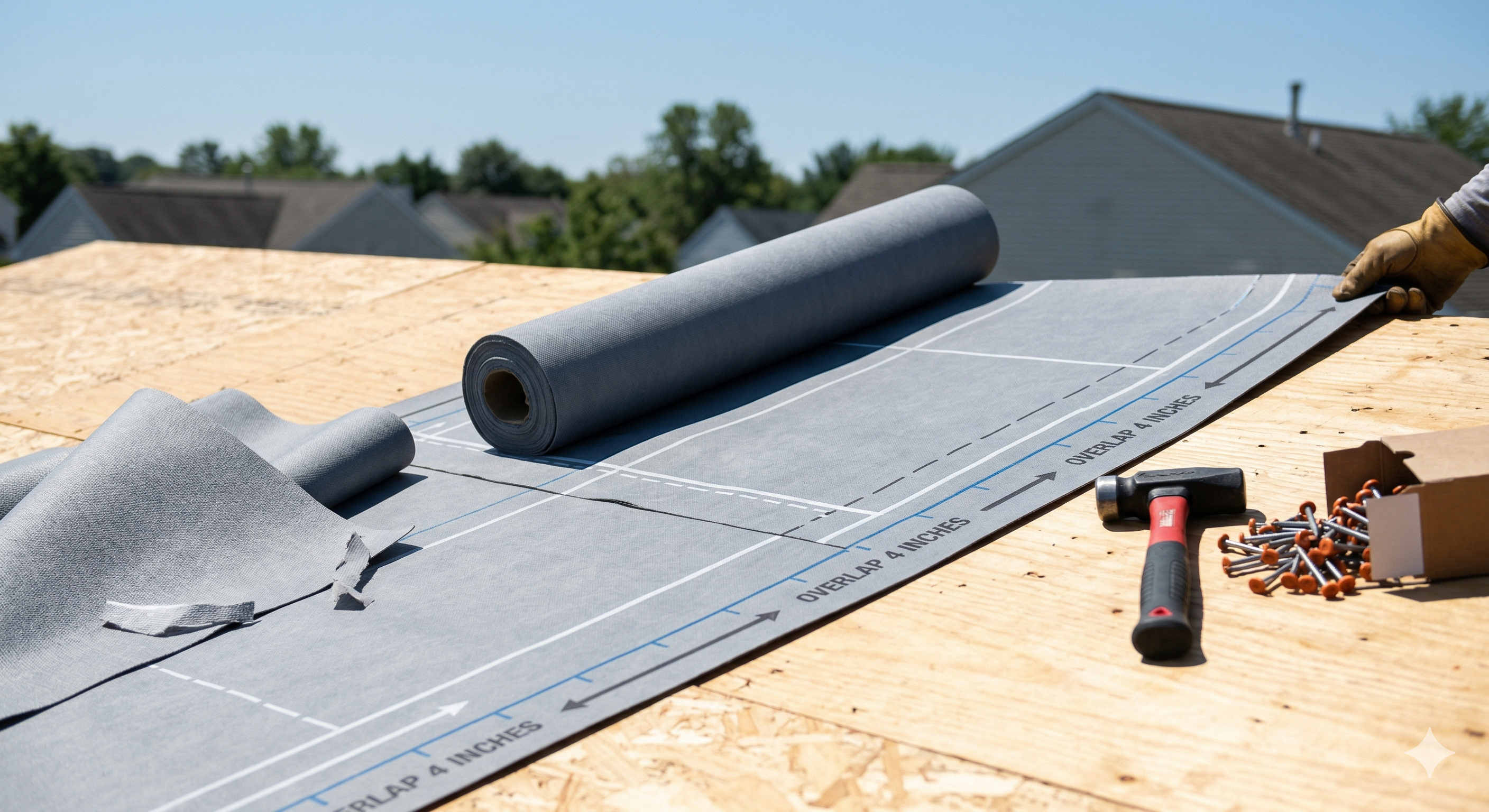 Roll of synthetic roofing underlayment being unrolled on a plywood roof deck with installation tools nearby