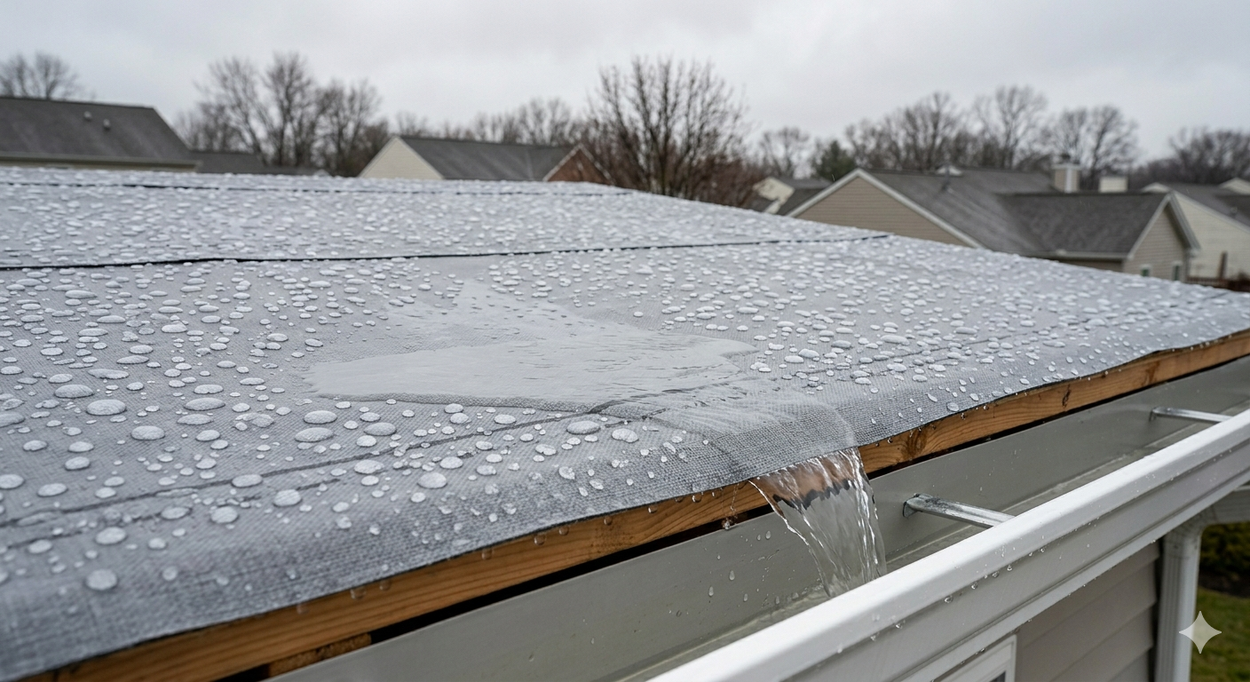 Rainwater beading on synthetic roofing underlayment surface showing water resistance after a storm