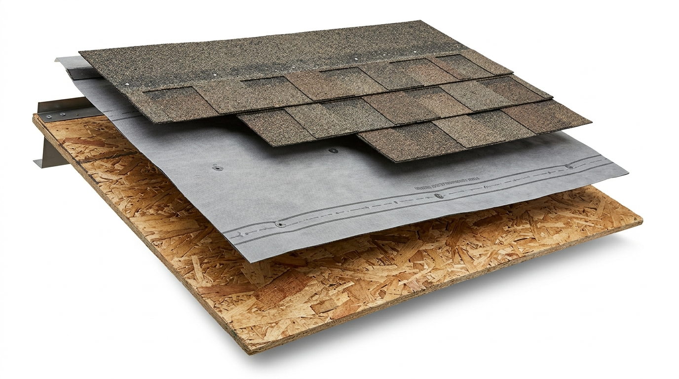 Cross section of a roof showing roof underlayment installed between the deck and shingles
