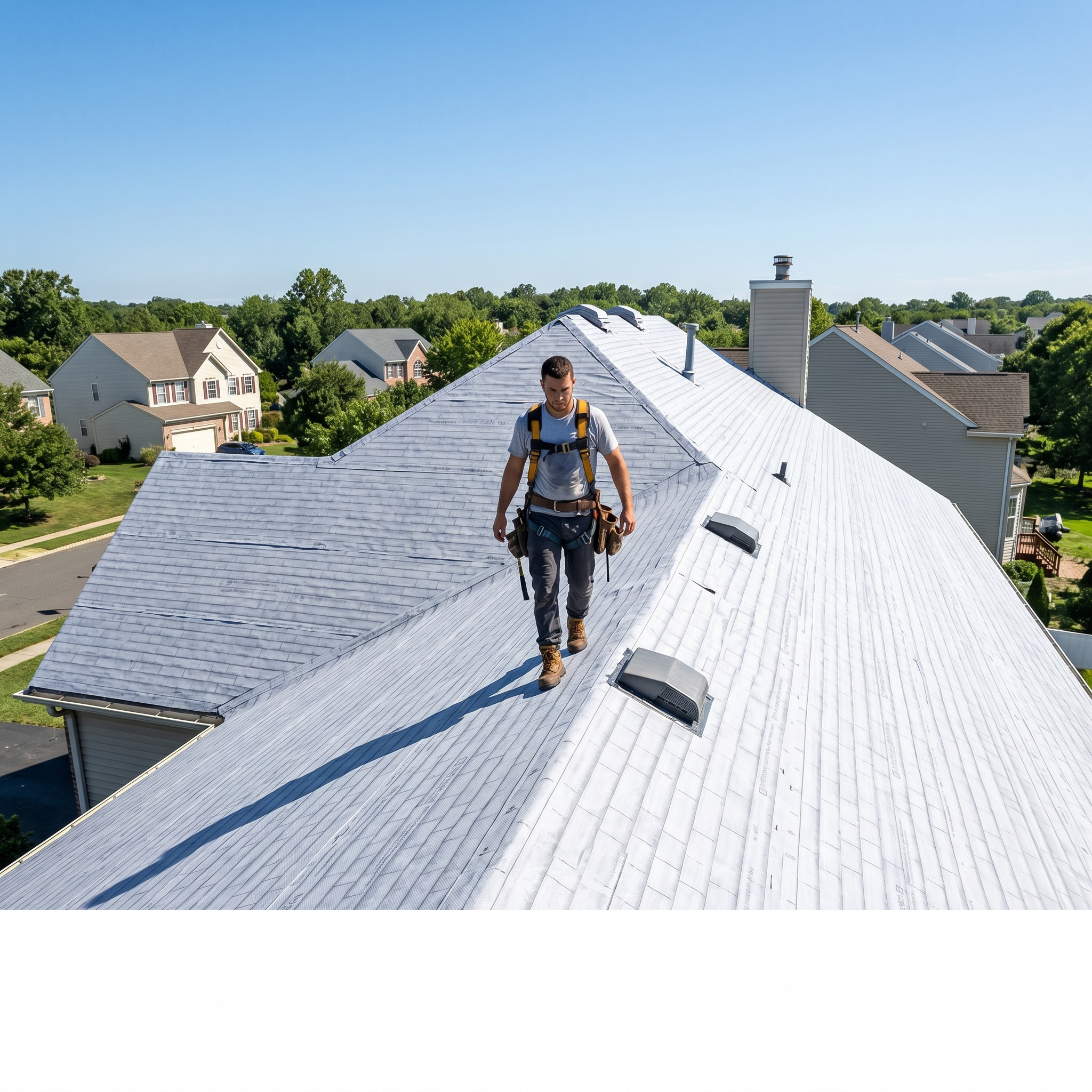 Roofer walking on synthetic roof underlayment showing the slip resistant surface