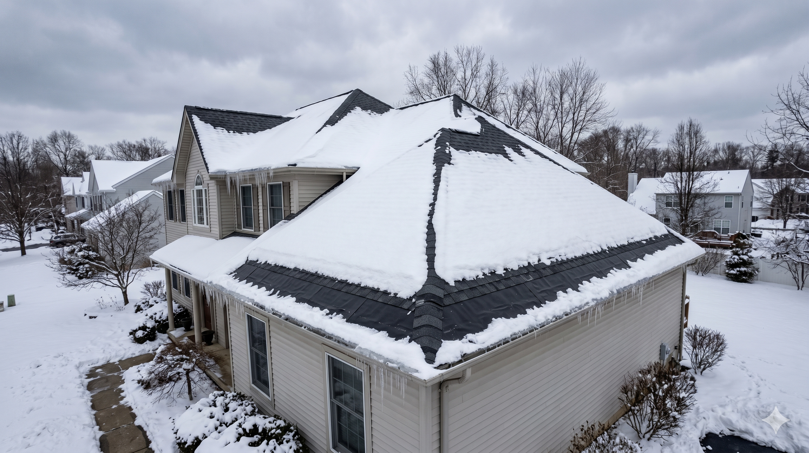 Residential roof in winter showing ice and water shield protection at the eaves