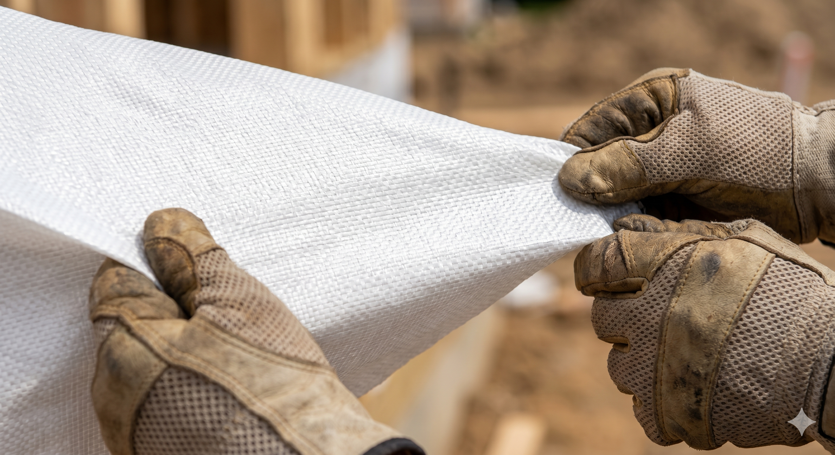 Close up of house wrap material showing the woven polypropylene fabric texture