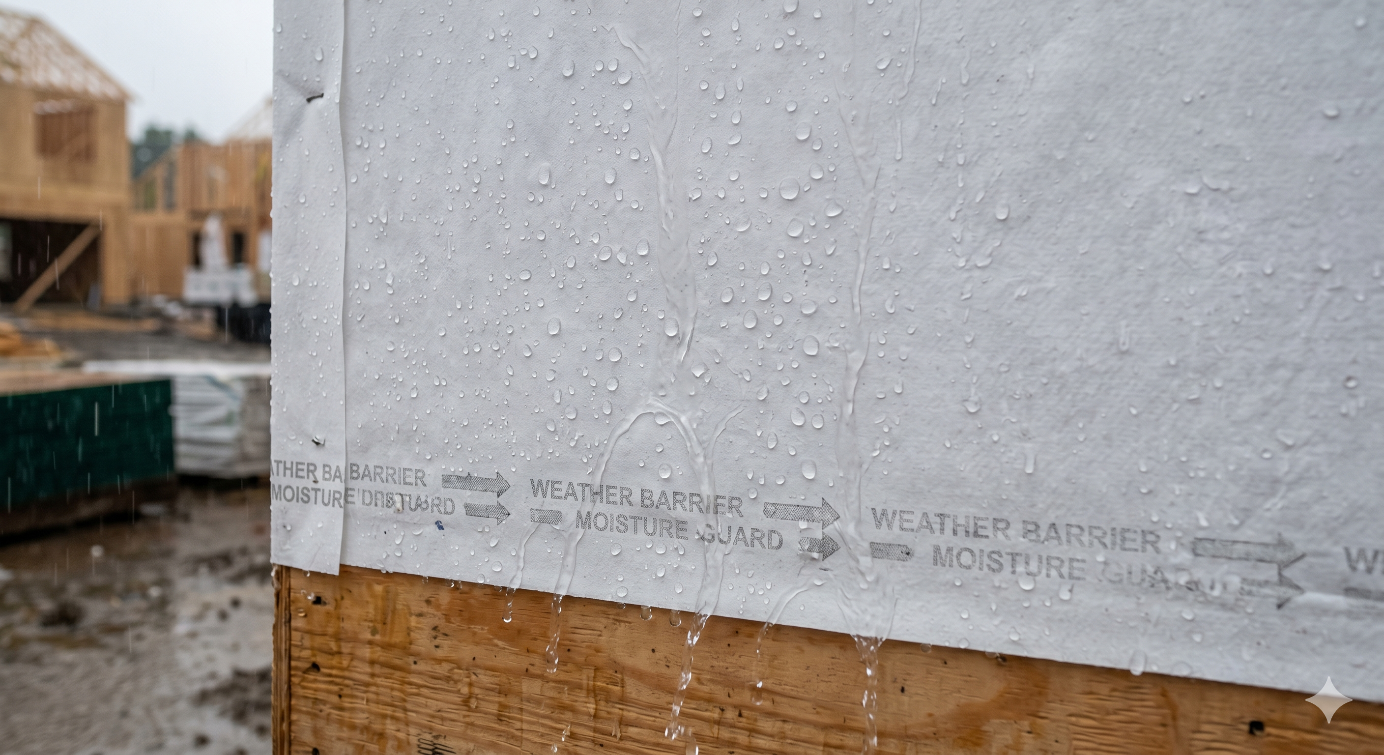 Rainwater beading on house wrap surface showing water resistance