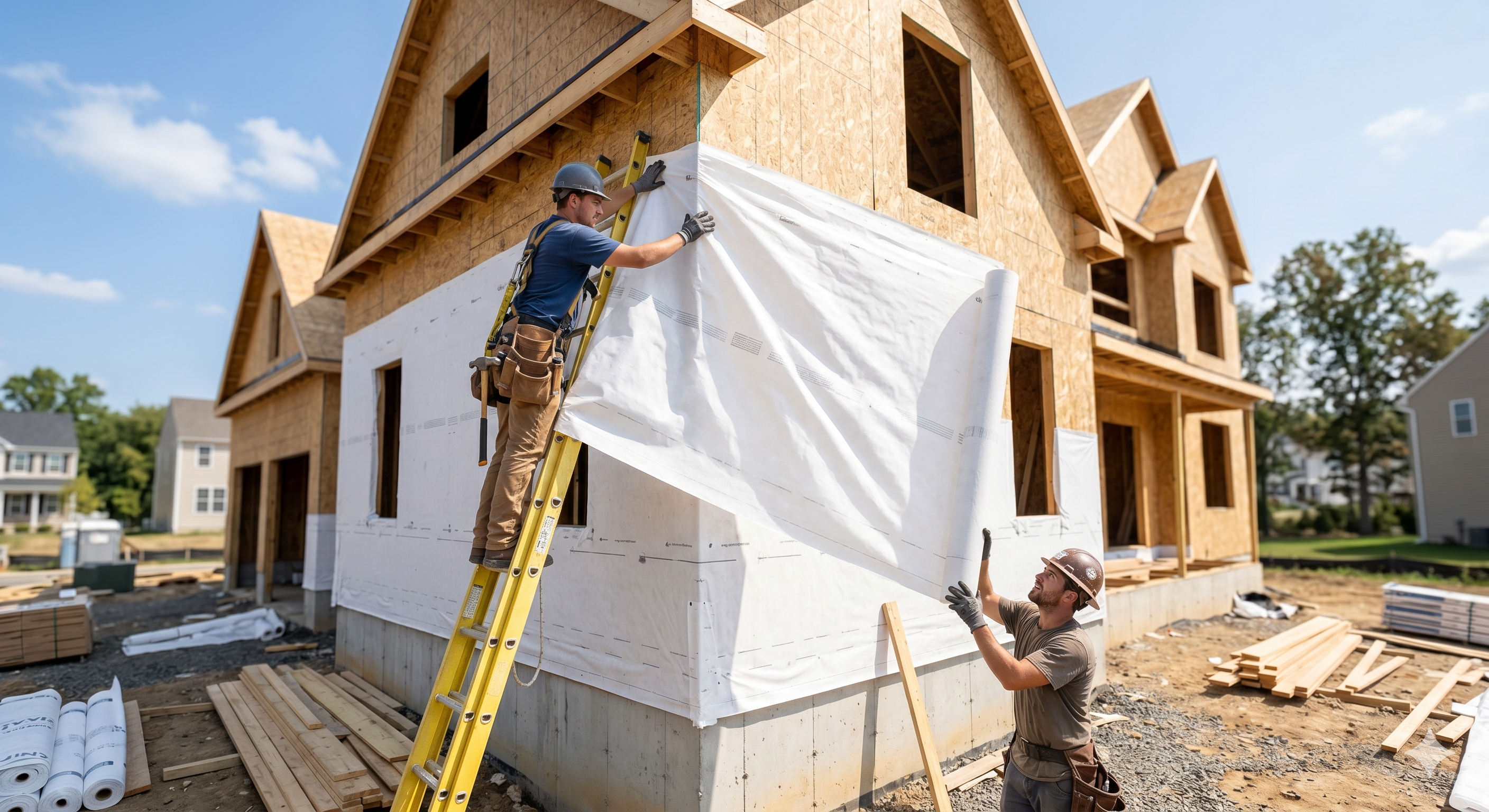 Construction workers installing house wrap horizontally on a residential home exterior