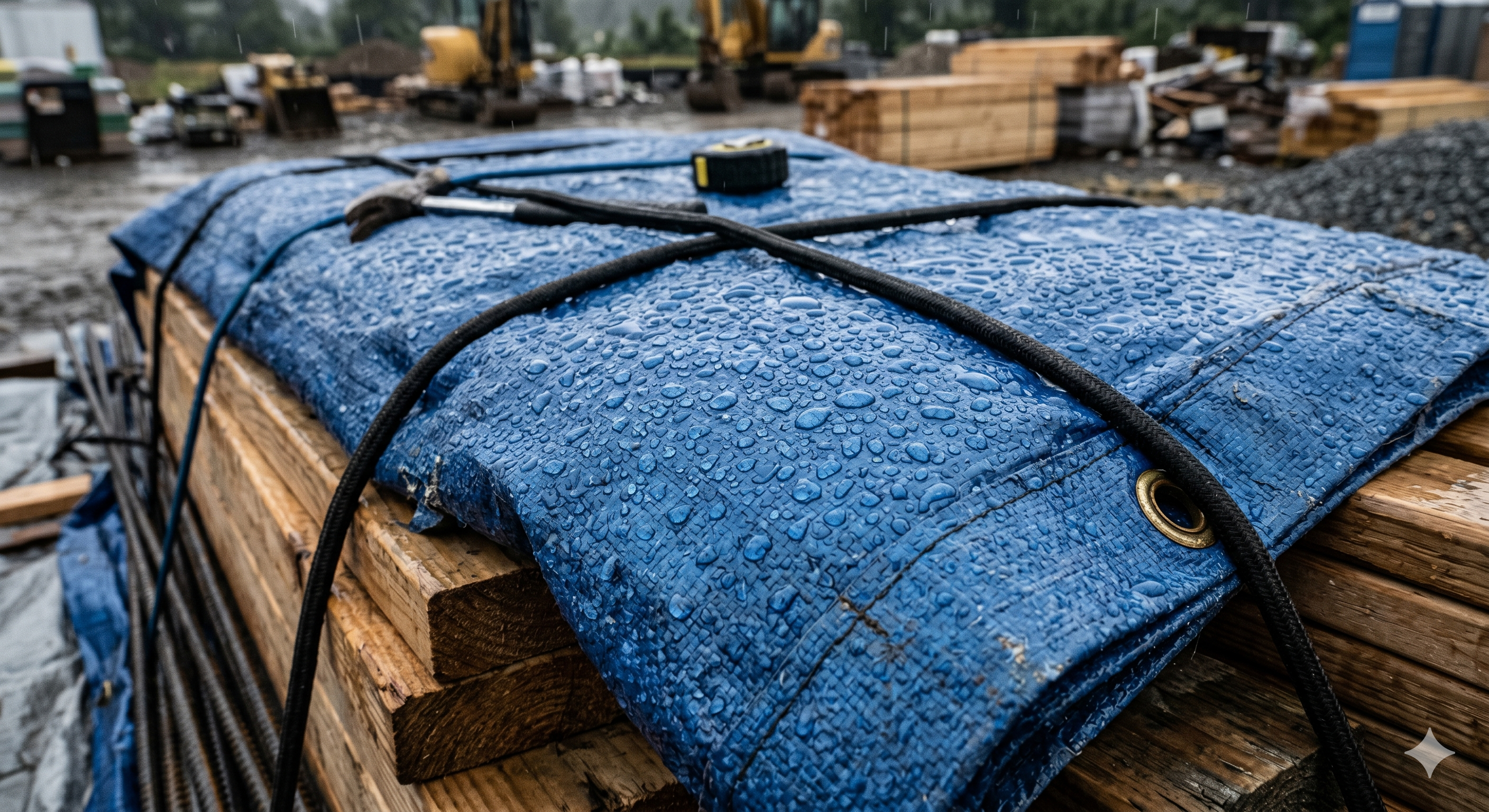 Blue polyethylene tarp shedding rain over stacked construction materials