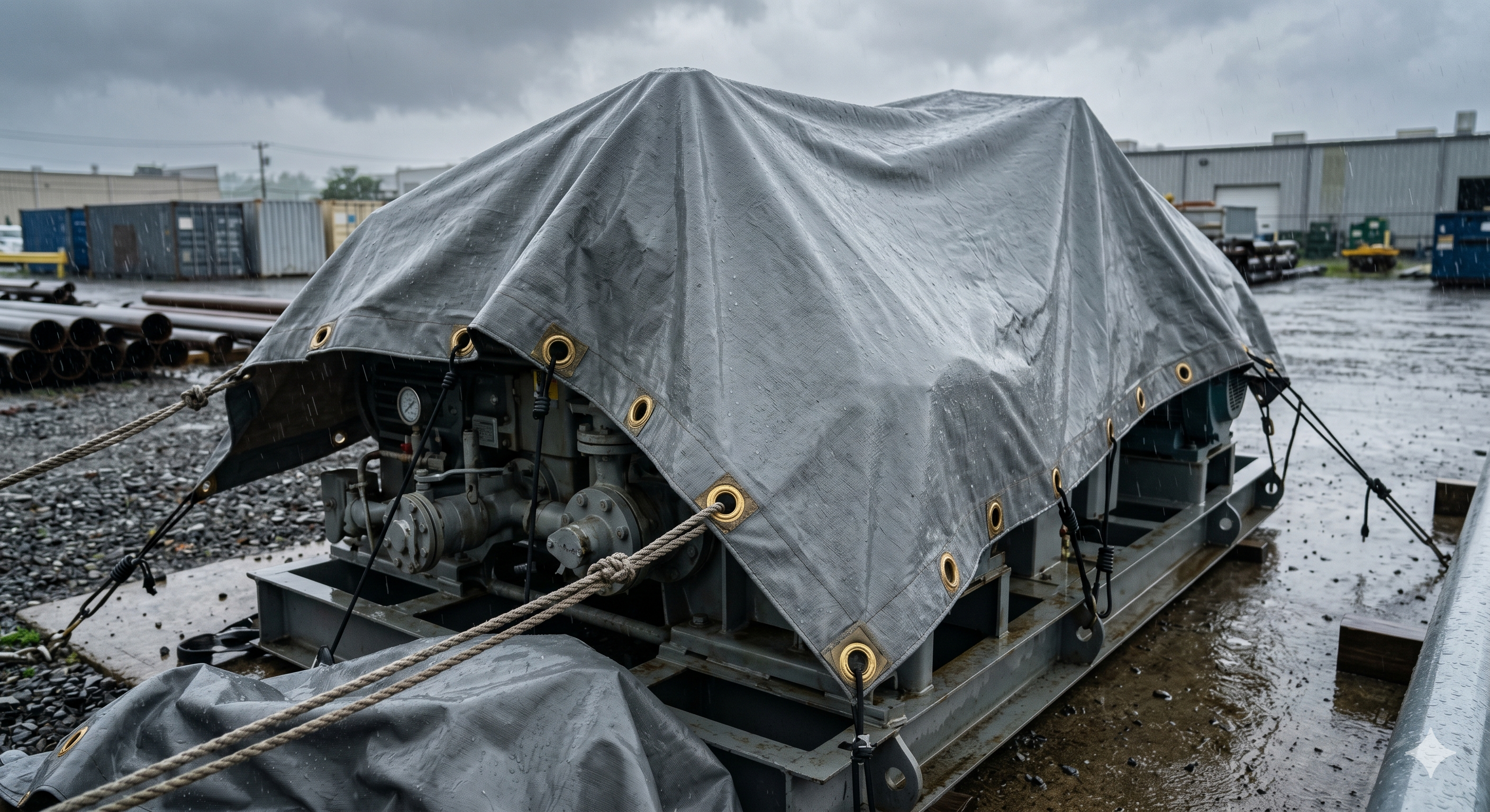 Heavy-duty PVC vinyl tarp protecting industrial equipment outdoors