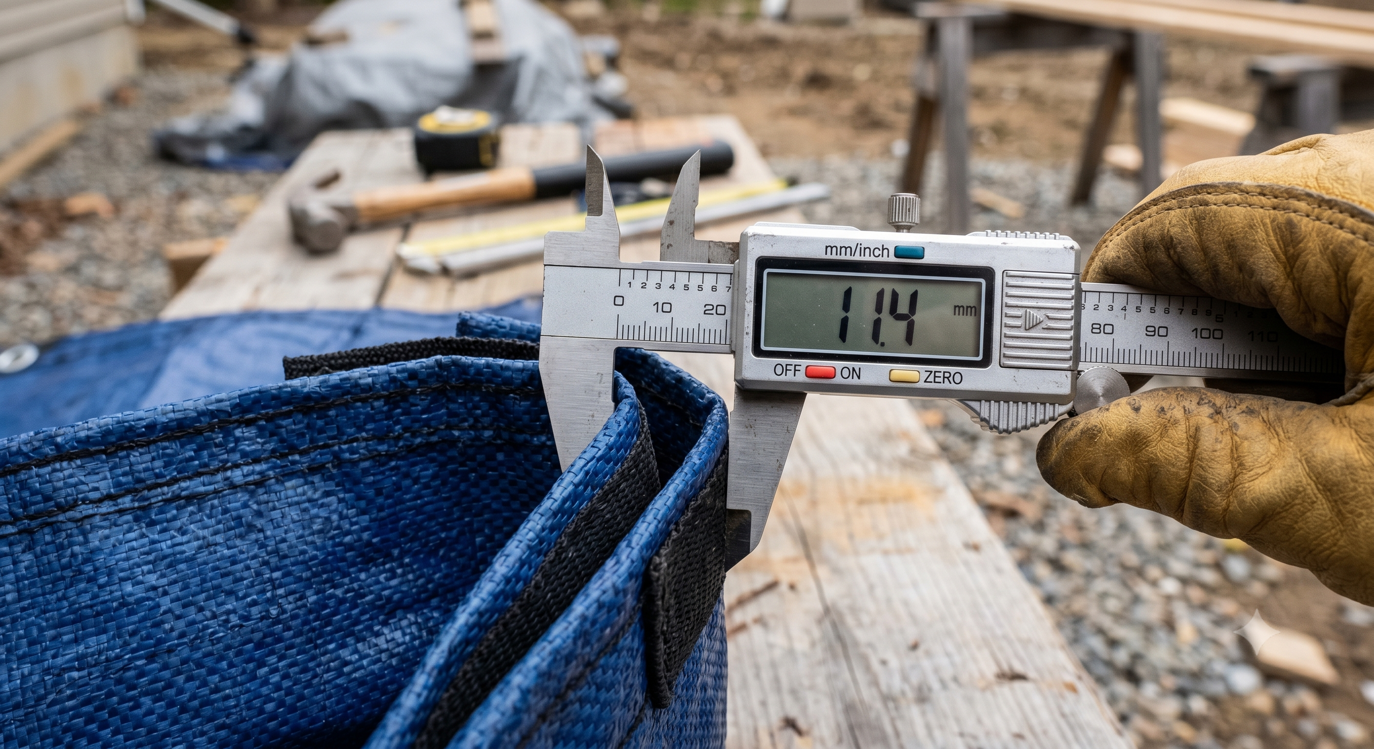 Caliper measuring the mil thickness of a tarp edge