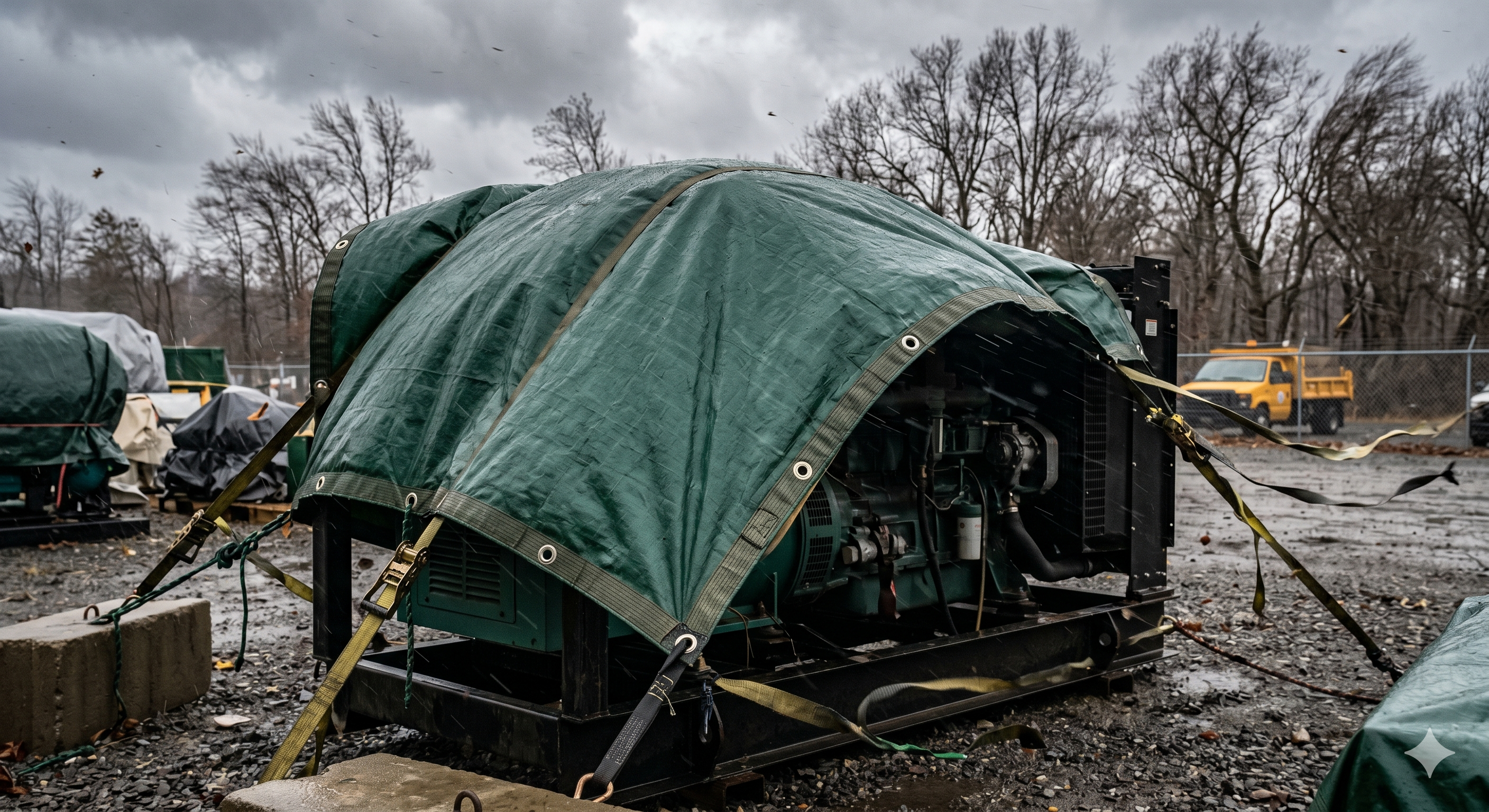 Heavy-duty tarp secured over equipment in harsh outdoor conditions