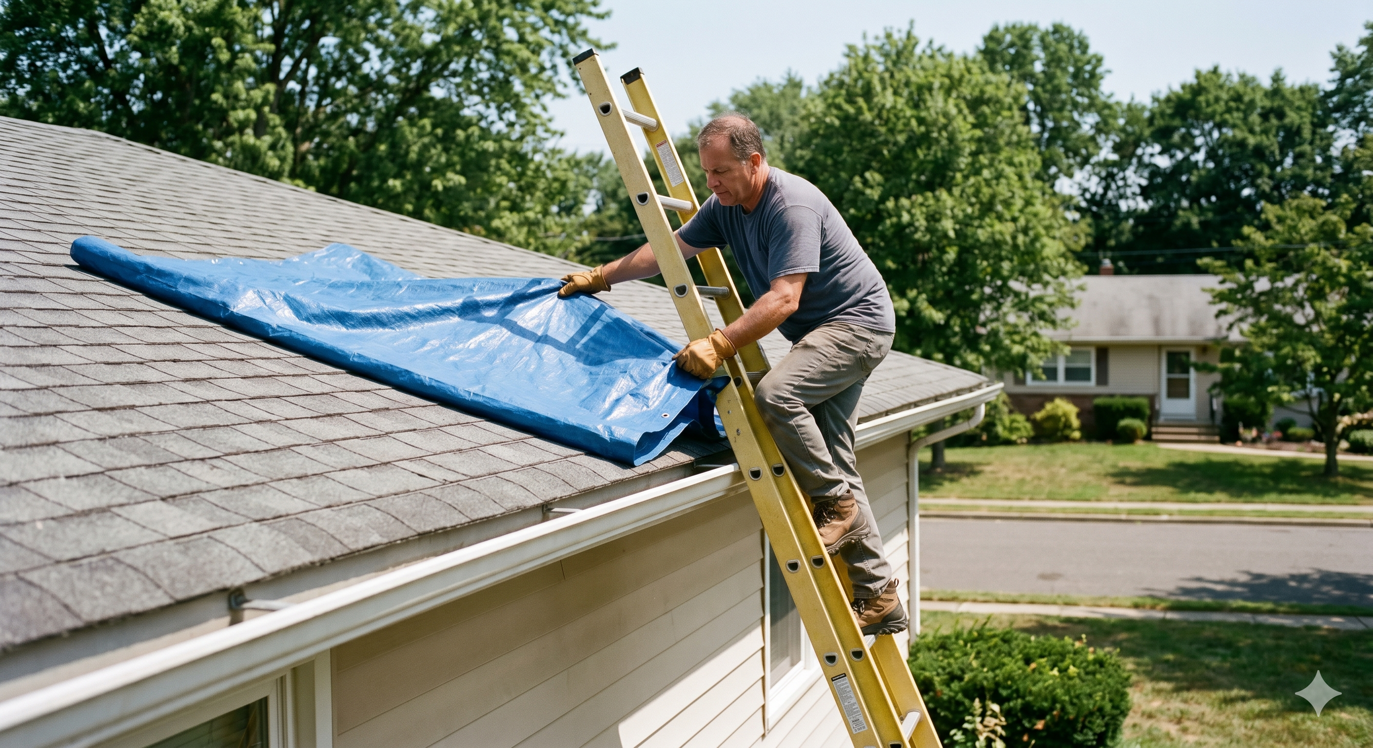 Homeowner safely positioning a roof tarp from a ladder Homeowner safely positioning a roof tarp from a ladder