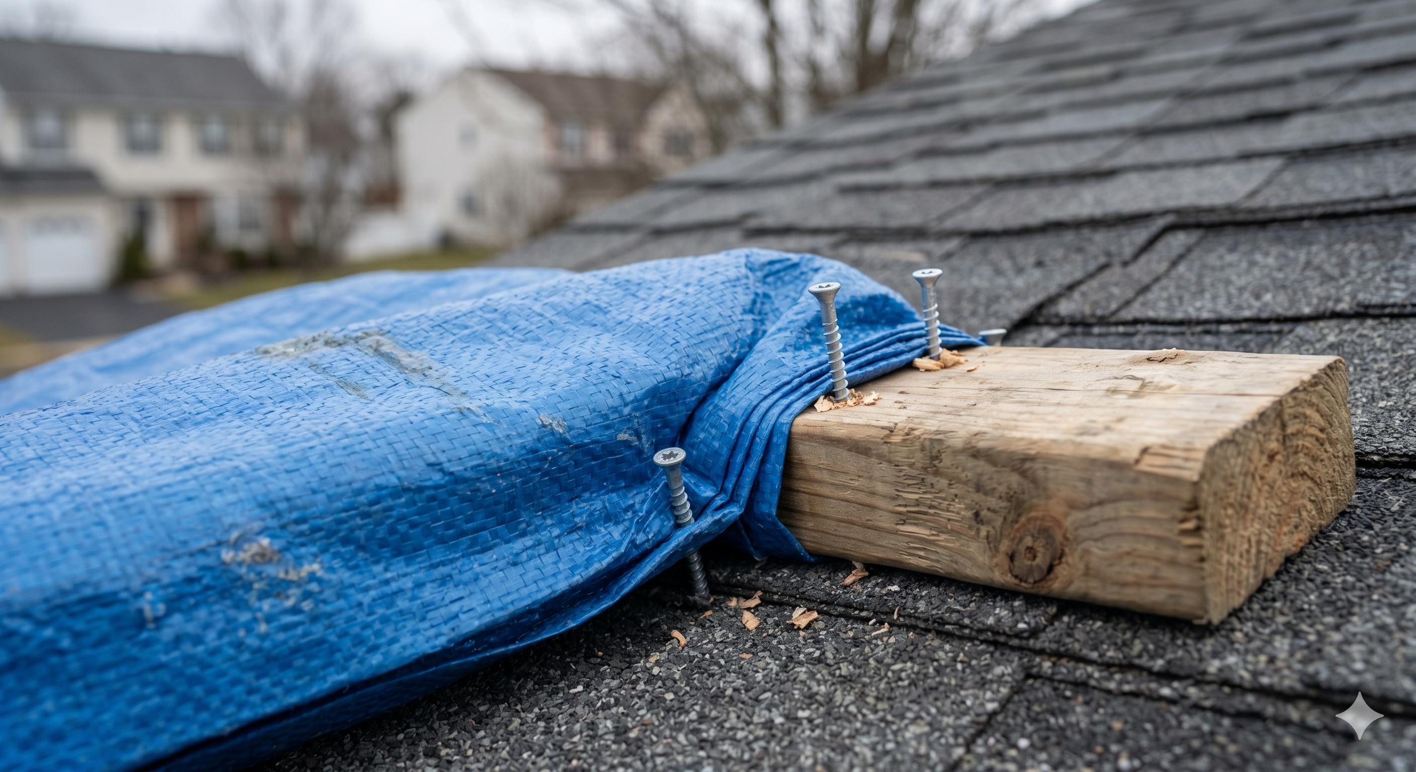 Tarp edge wrapped around a 2x4 board and fastened to the roof Tarp edge wrapped around a 2x4 board and fastened to the roof