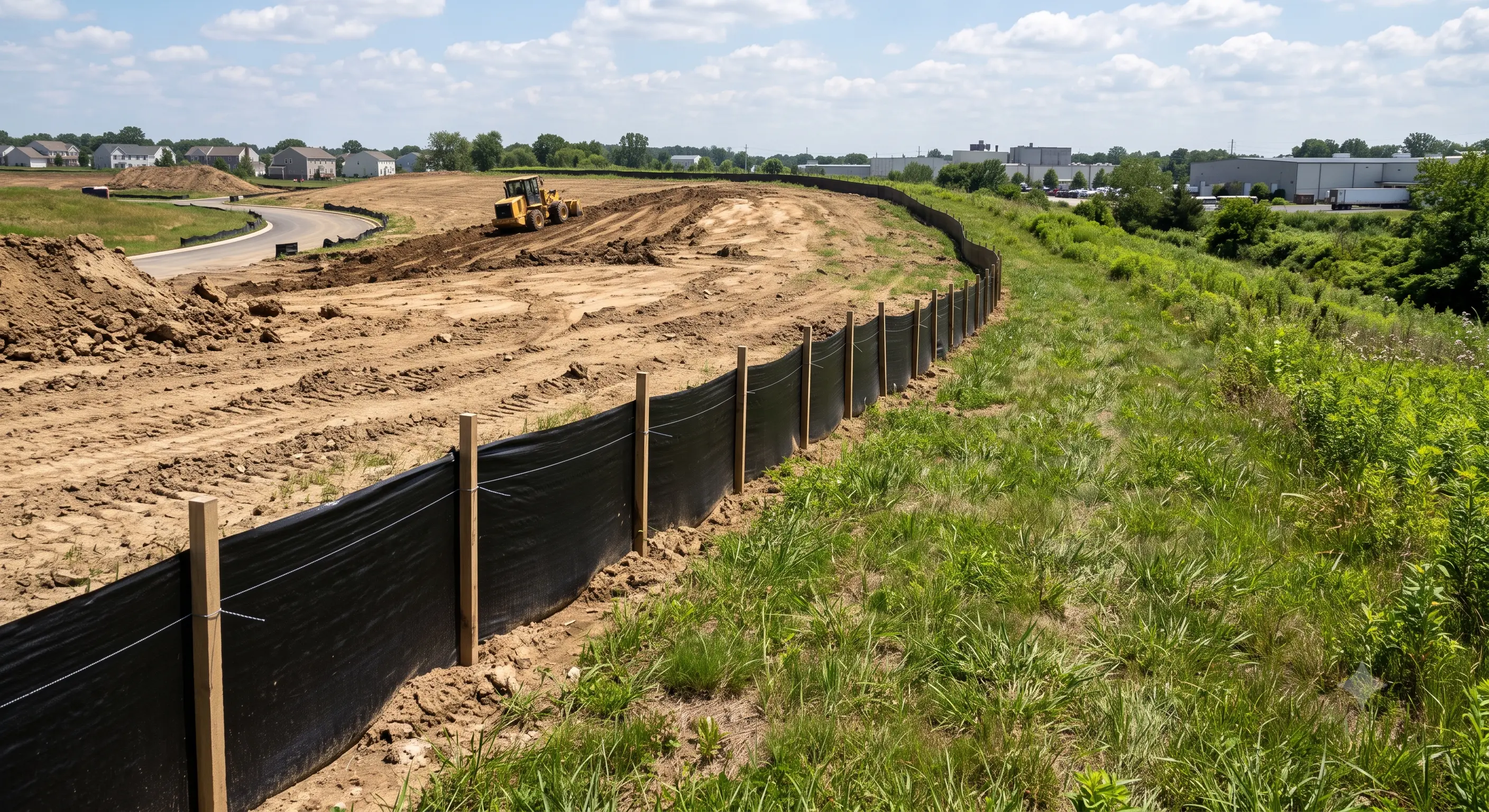 Silt fence running along the contour of a sloped job site