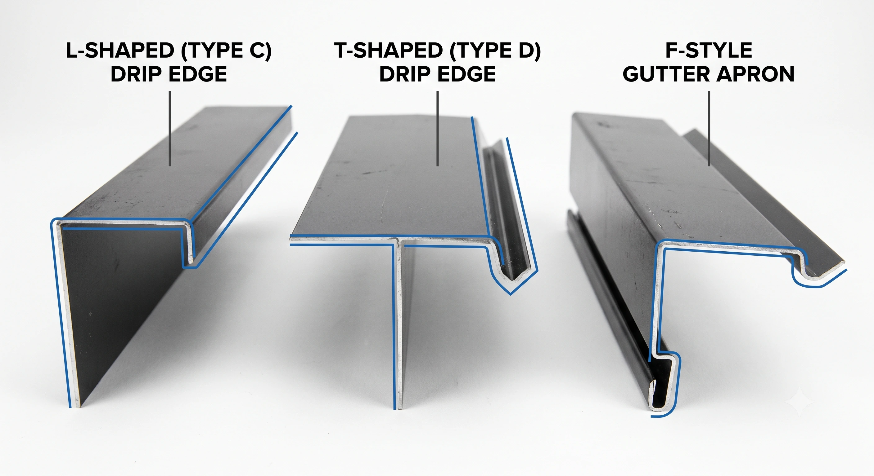 The three common drip edge profiles, type C, type D, and type F