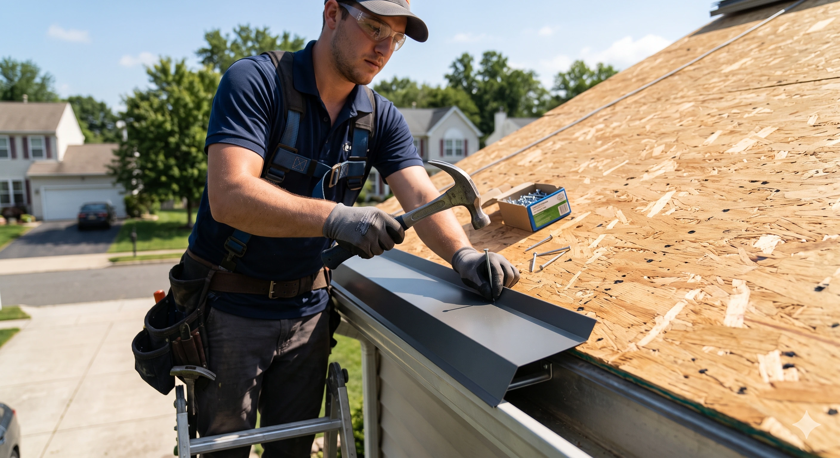 Roofer fastening drip edge to the eave before underlayment