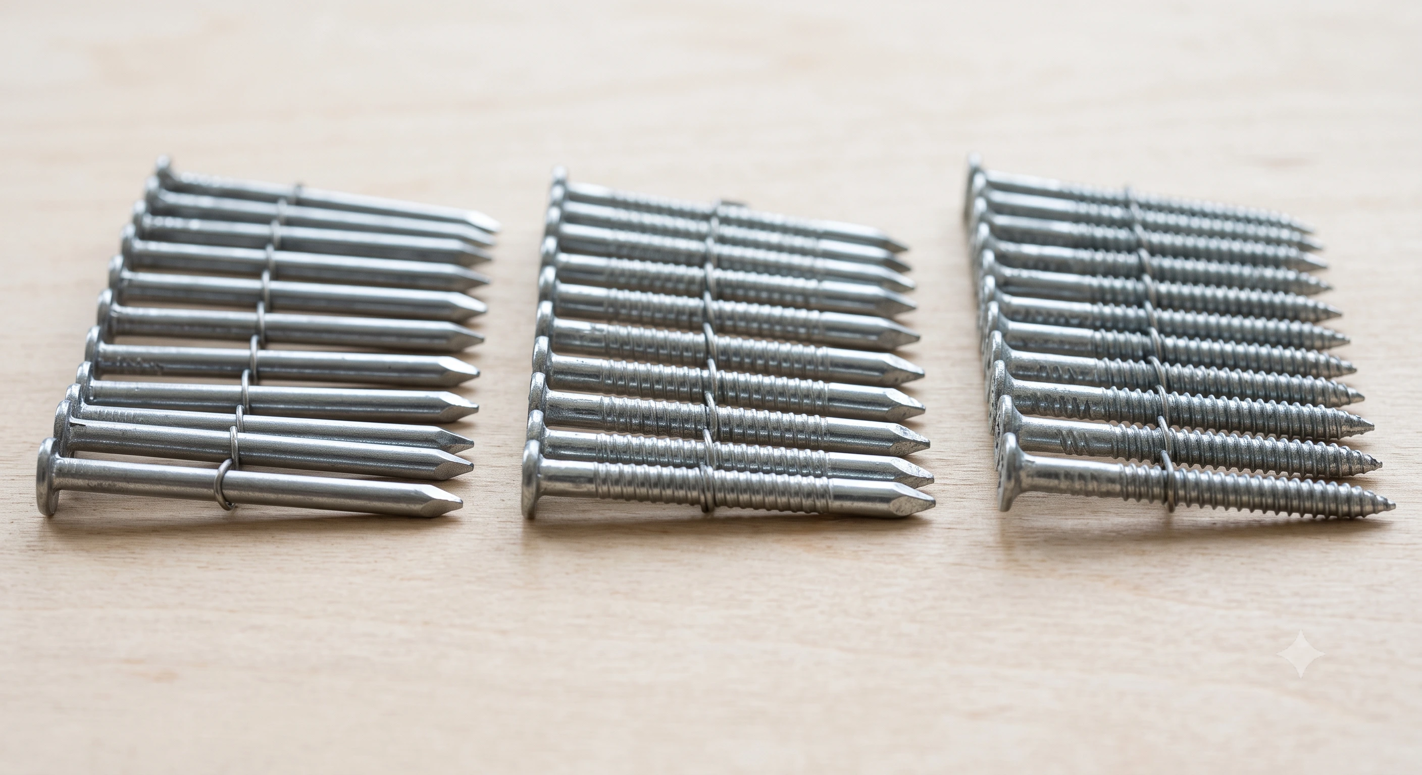Smooth, ring, and screw shank coil nails side by side